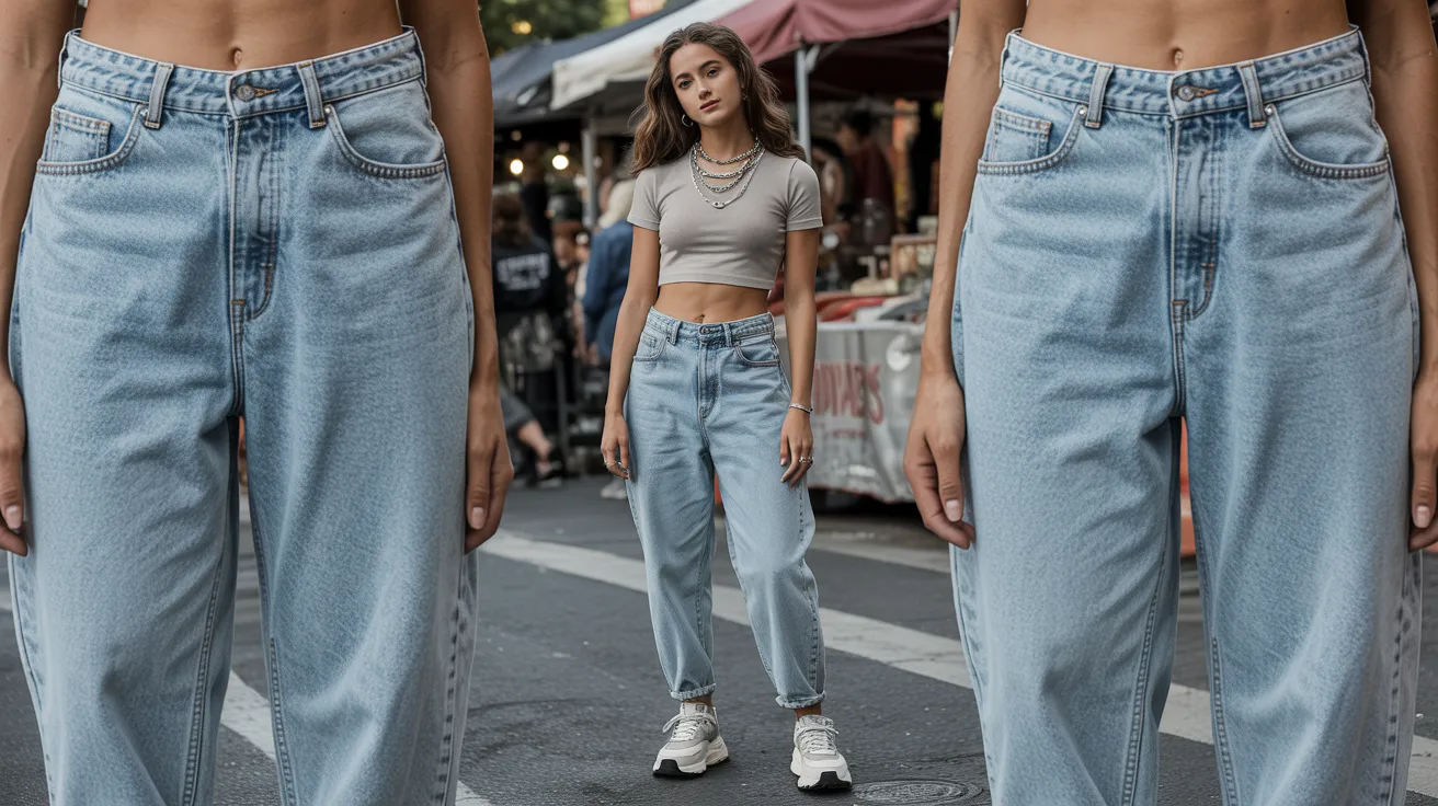 Gen Z woman in high-waisted light-wash mom jeans paired with a cropped baby tee and platform sneakers in a casual street-style setting
