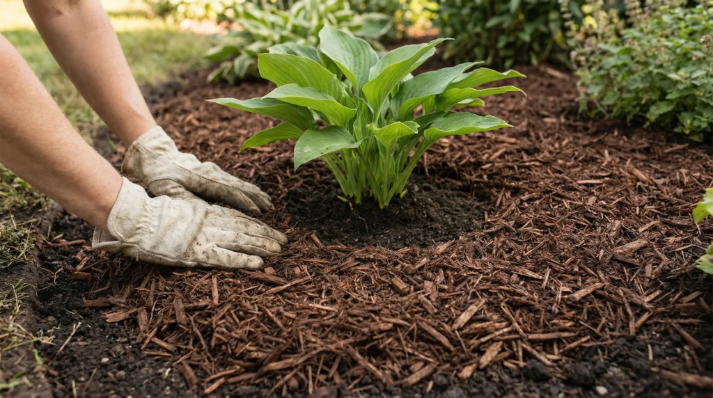 Gloved hands smoothing shredded hardwood mulch around a garden plant at the correct 2–3 inch depth