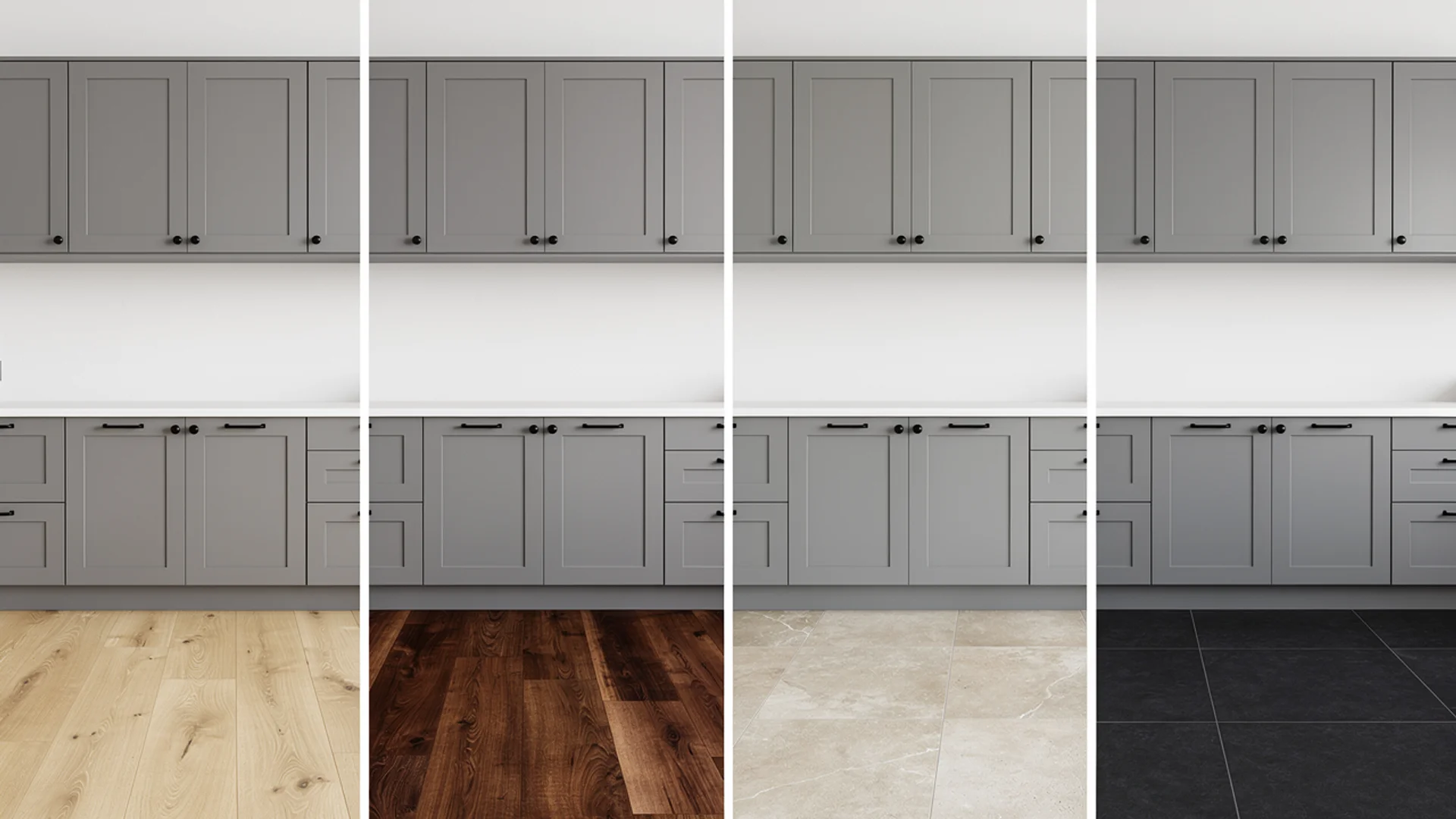 Grey kitchen cabinets shown with four flooring options: light oak, walnut, greige stone tile and dark charcoal tile
