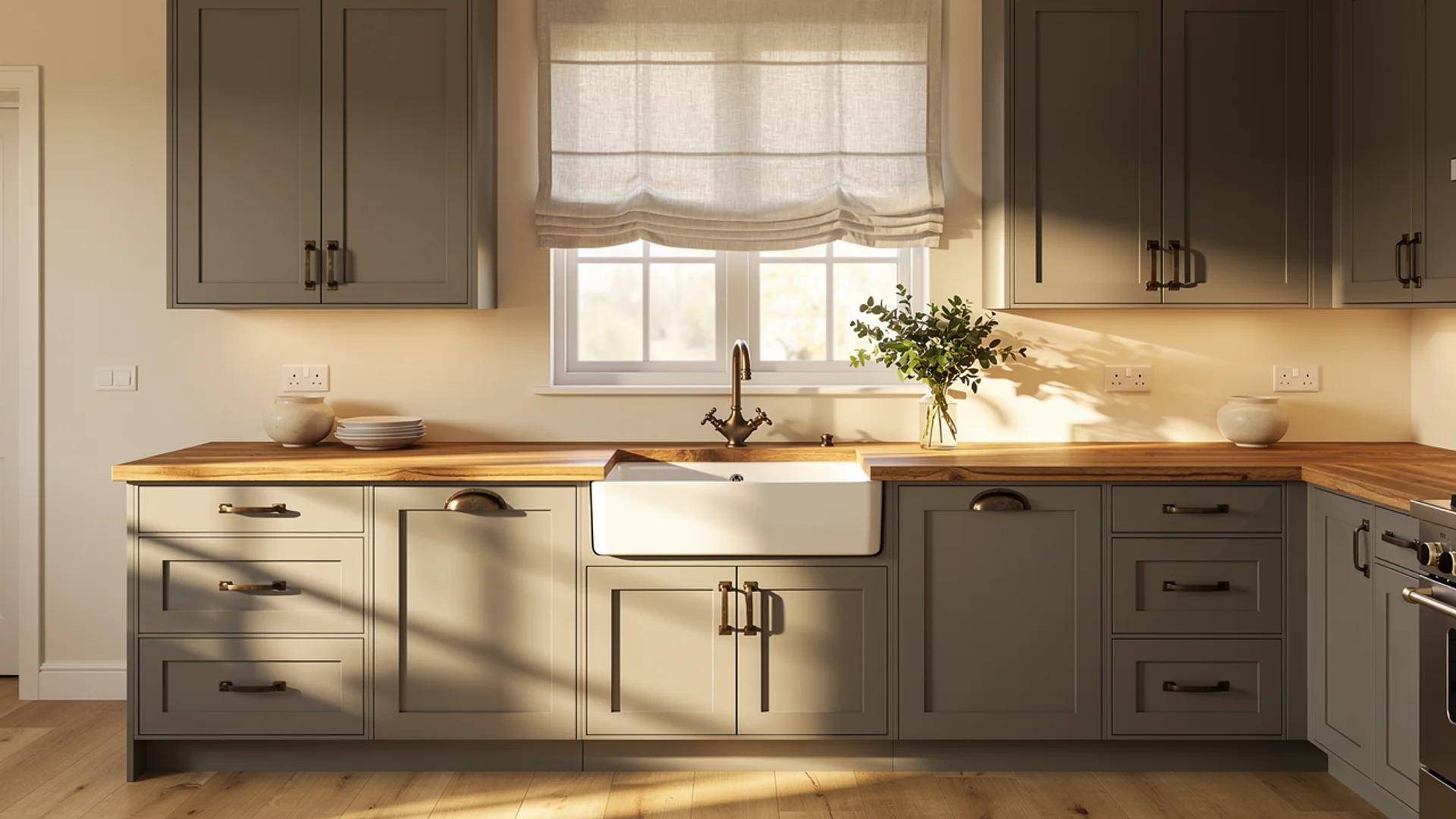 Grey kitchen cabinets with soft ivory walls, butcher block countertop and aged bronze hardware