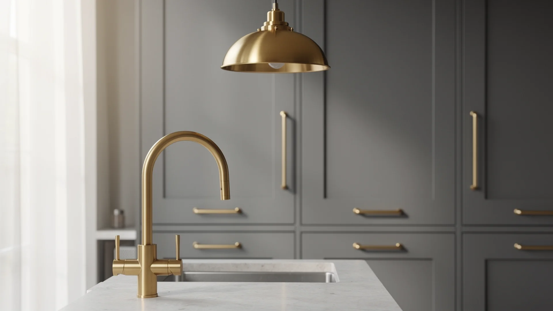 Grey kitchen detail showing consistent unlacquered brass finish across cabinet pulls, faucet and pendant light fixture