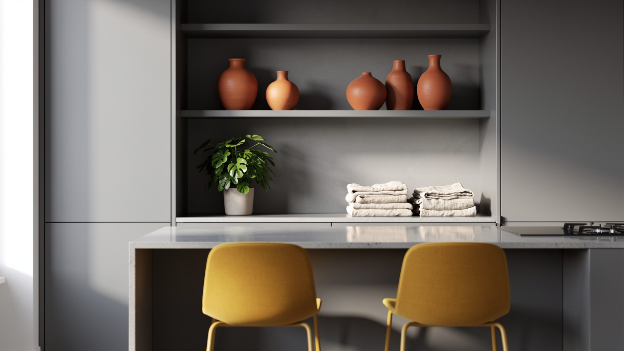 Grey kitchen open shelving with terracotta ceramics and plants, mustard yellow bar stools at island