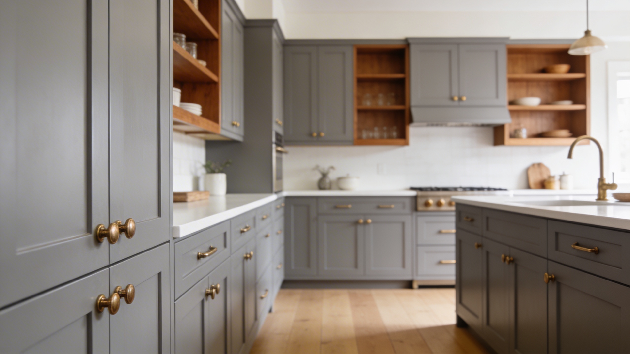 Grey kitchen units with brass hardware and warm wood shelving in a bright modern kitchen