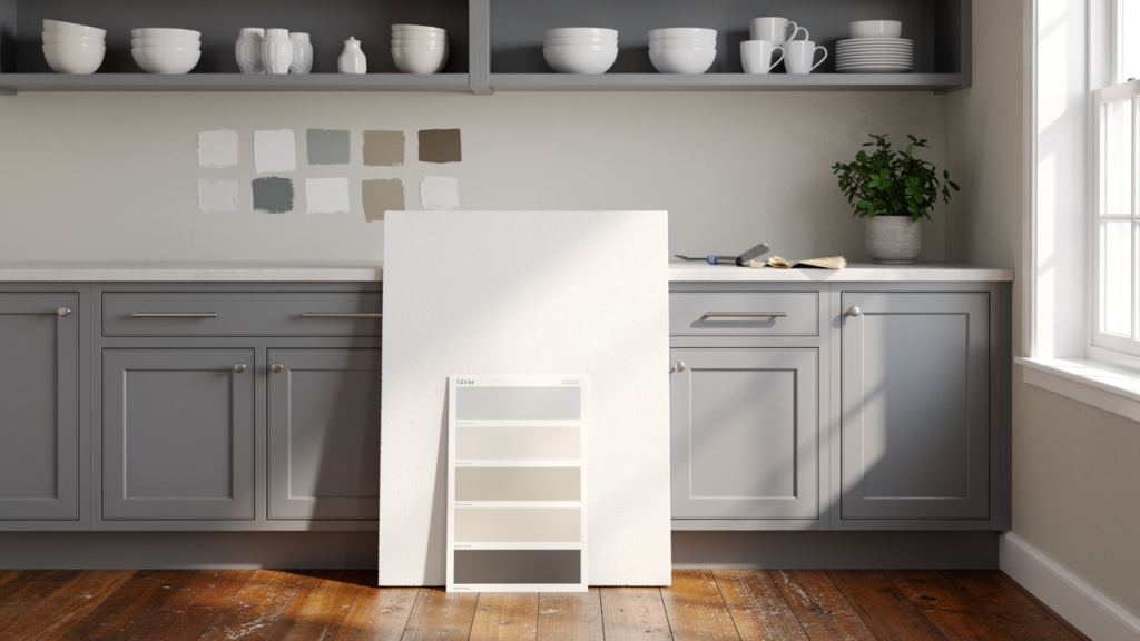 Grey kitchen with paint color testing foam board and peel and stick swatches showing practical color planning process
