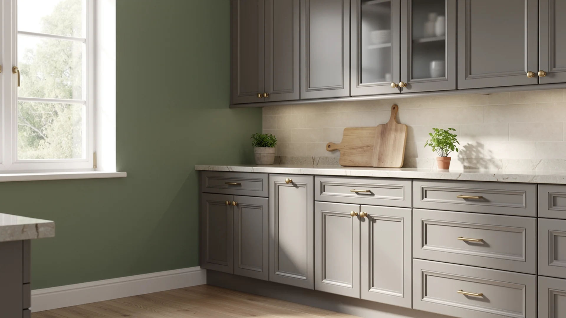 Grey kitchen with sage green eggshell walls visible above cabinets, stone countertops and brass hardware