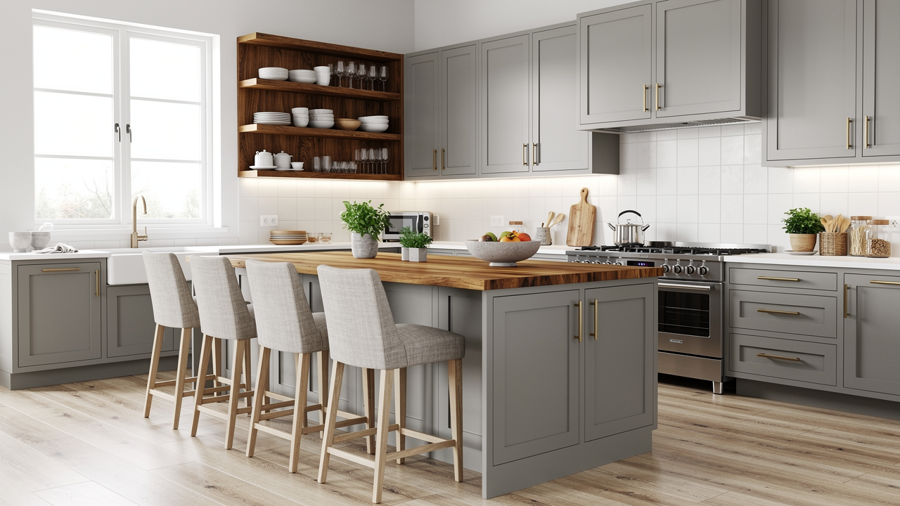 Grey kitchen with warm walnut open shelving, butcher block island countertop and brass hardware