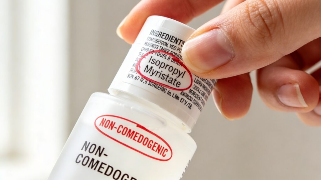 Hand holding a toner bottle with "non-comedogenic" on the front and isopropyl myristate circled in red on the ingredient list