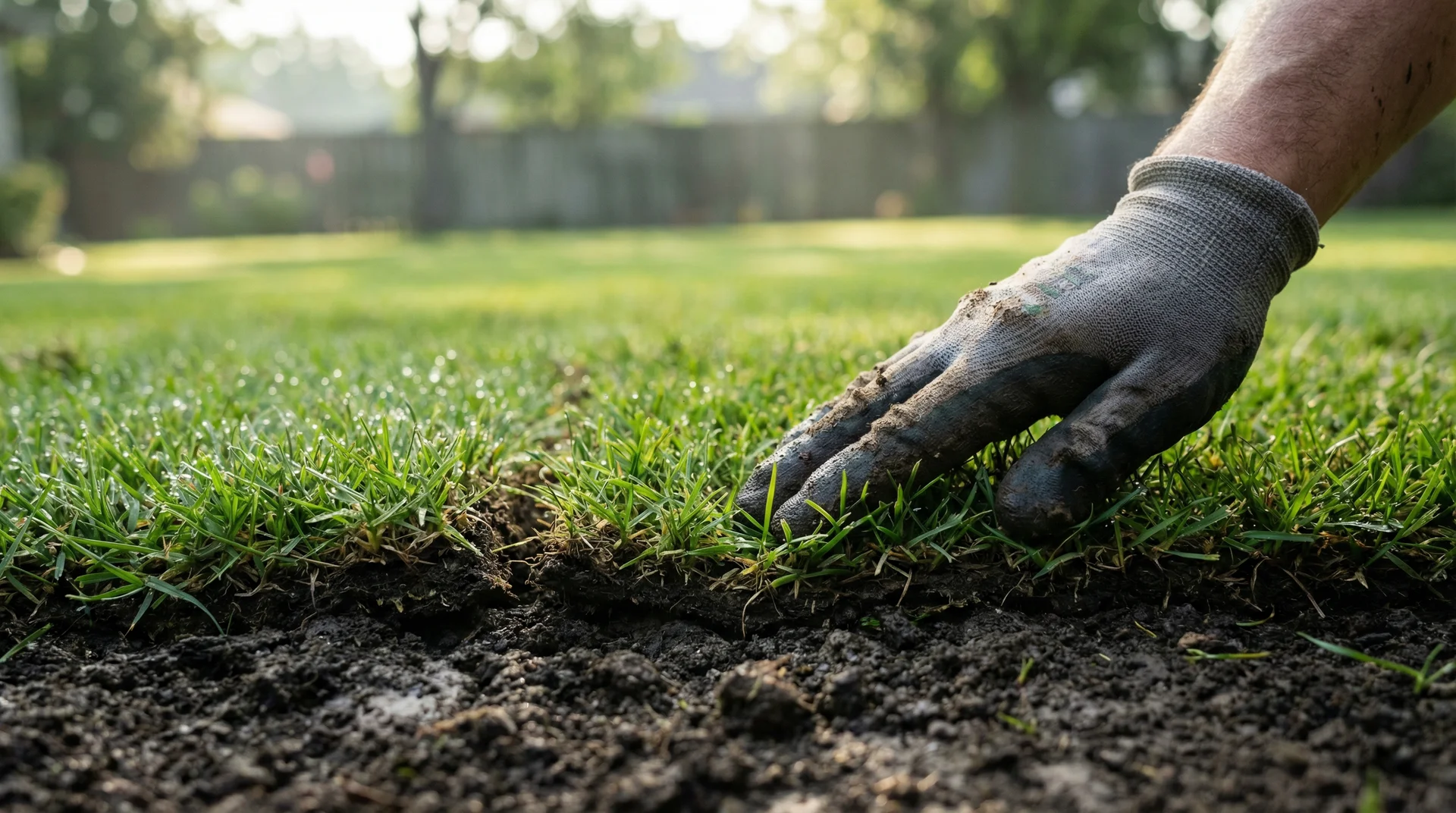 Hand pressing fresh sod into moist soil in a backyard during early morning installation