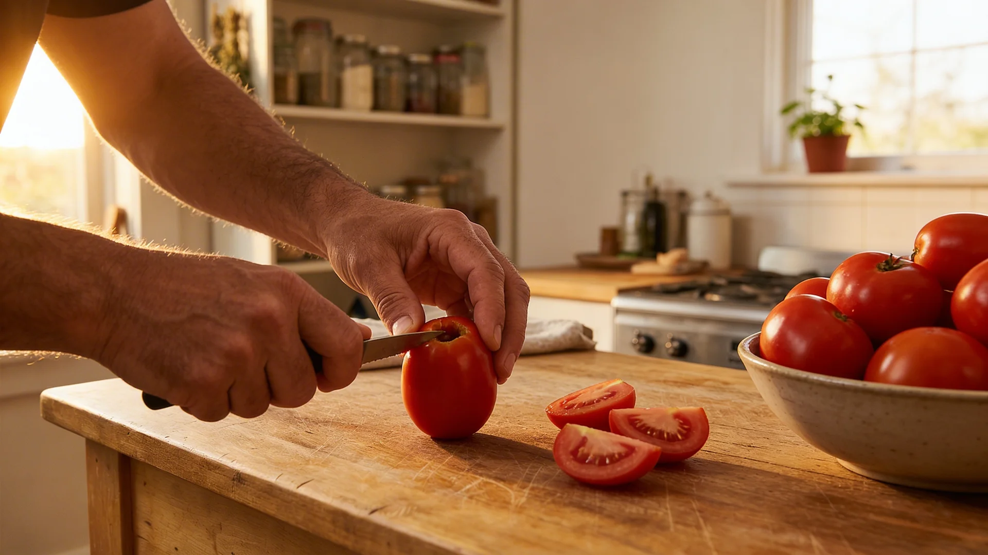 Hands coring a fresh Roma tomato with a paring knife on a wooden board