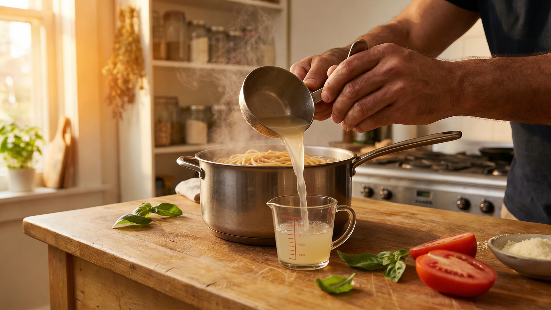 Hands ladling starchy pasta water into a glass measuring cup beside the sauce pot