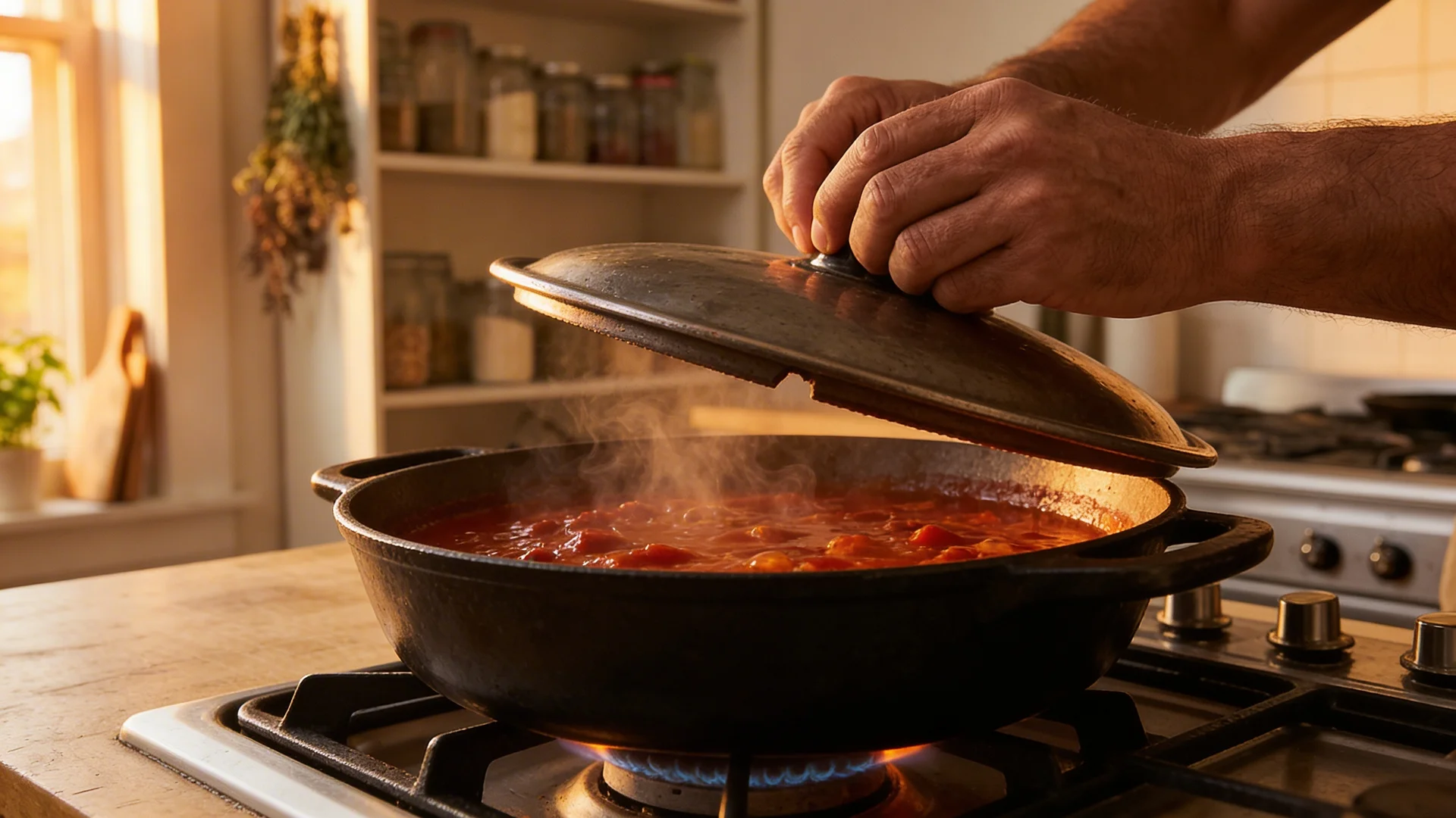 Hands placing a lid slightly ajar on a Dutch oven of simmering tomato sauce
