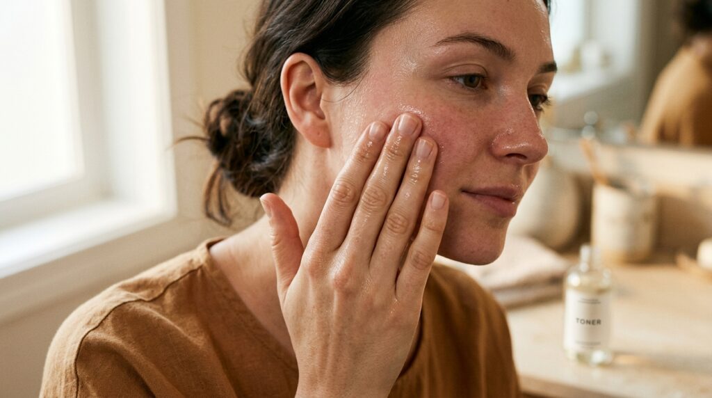 Hands pressing clear toner into a cheek with fingers spread, skin visibly dewy — showing the correct leave-on toner application technique.