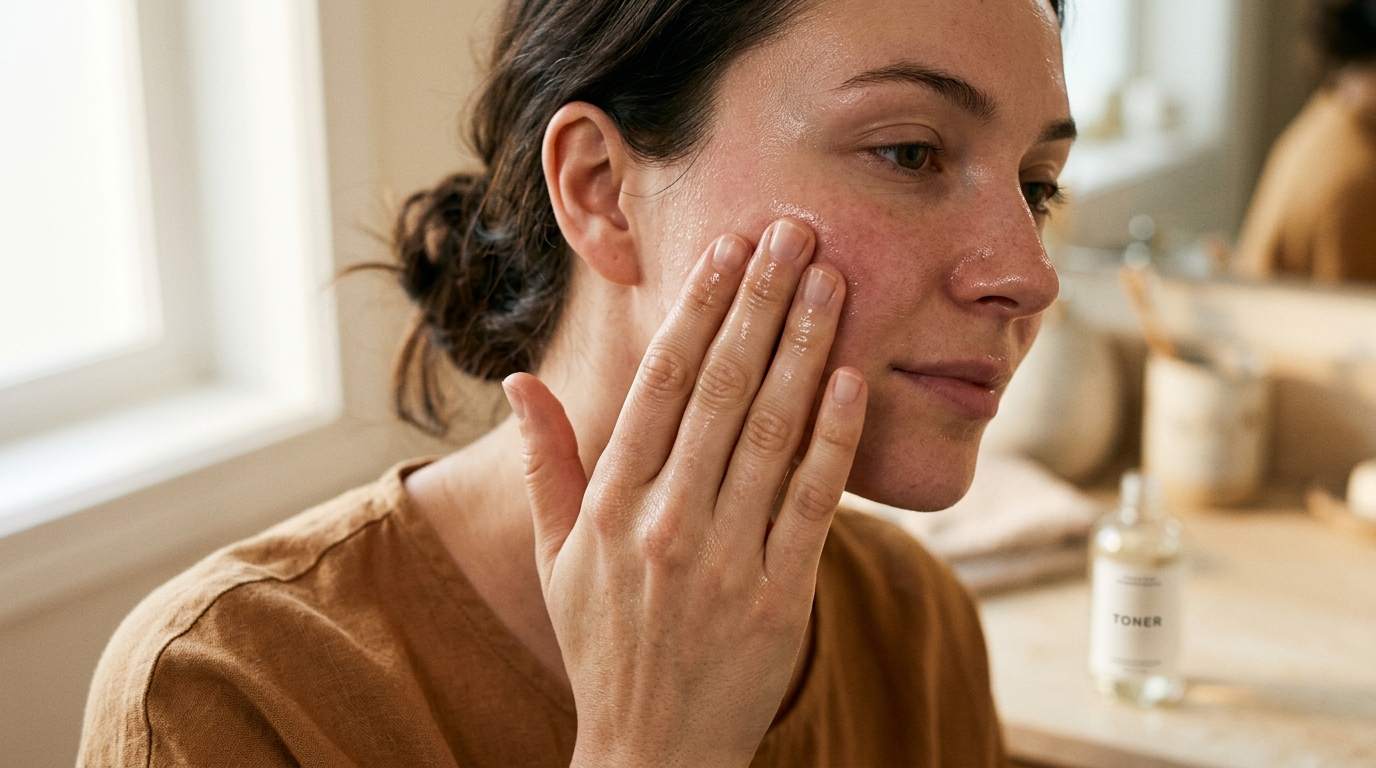 Hands pressing clear toner into a cheek with fingers spread, skin visibly dewy — showing the correct leave-on toner application technique.