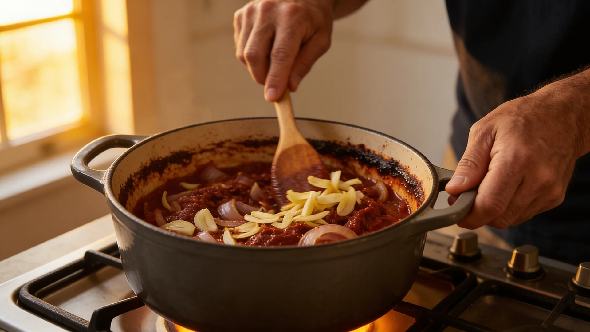 Hands stirring garlic and tomato paste into softened onion in a Dutch oven