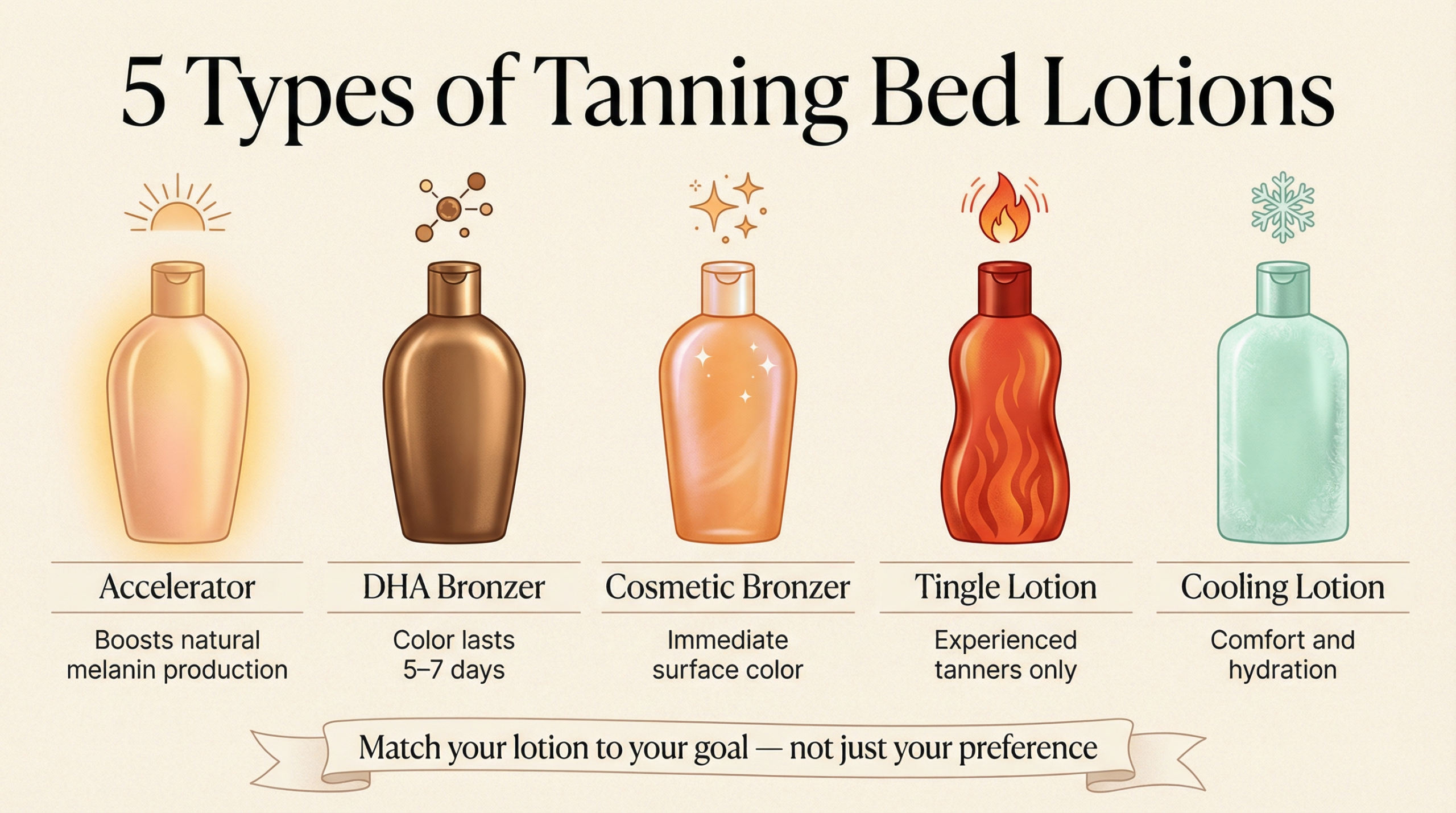Illustrated infographic of five tanning bed lotion types — accelerator, DHA bronzer, cosmetic bronzer, tingle lotion, and cooling lotion — with descriptors for each