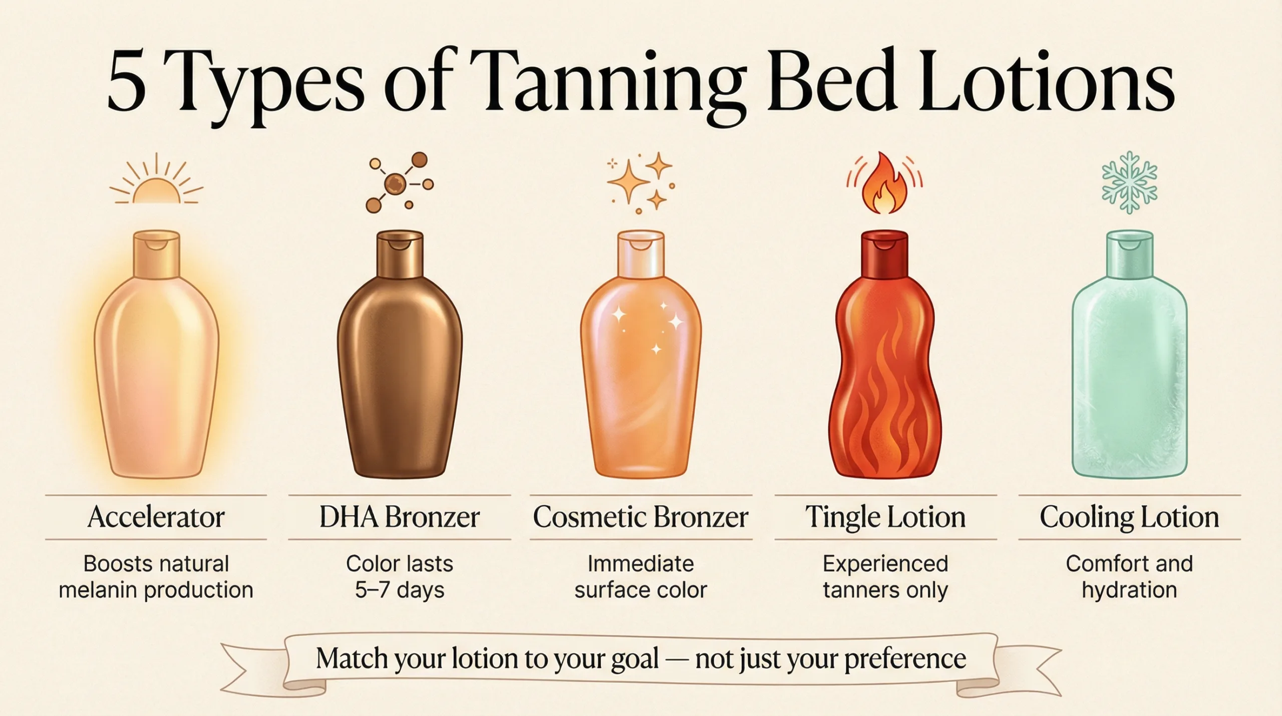 Illustrated infographic of five tanning bed lotion types — accelerator, DHA bronzer, cosmetic bronzer, tingle lotion, and cooling lotion — with descriptors for each