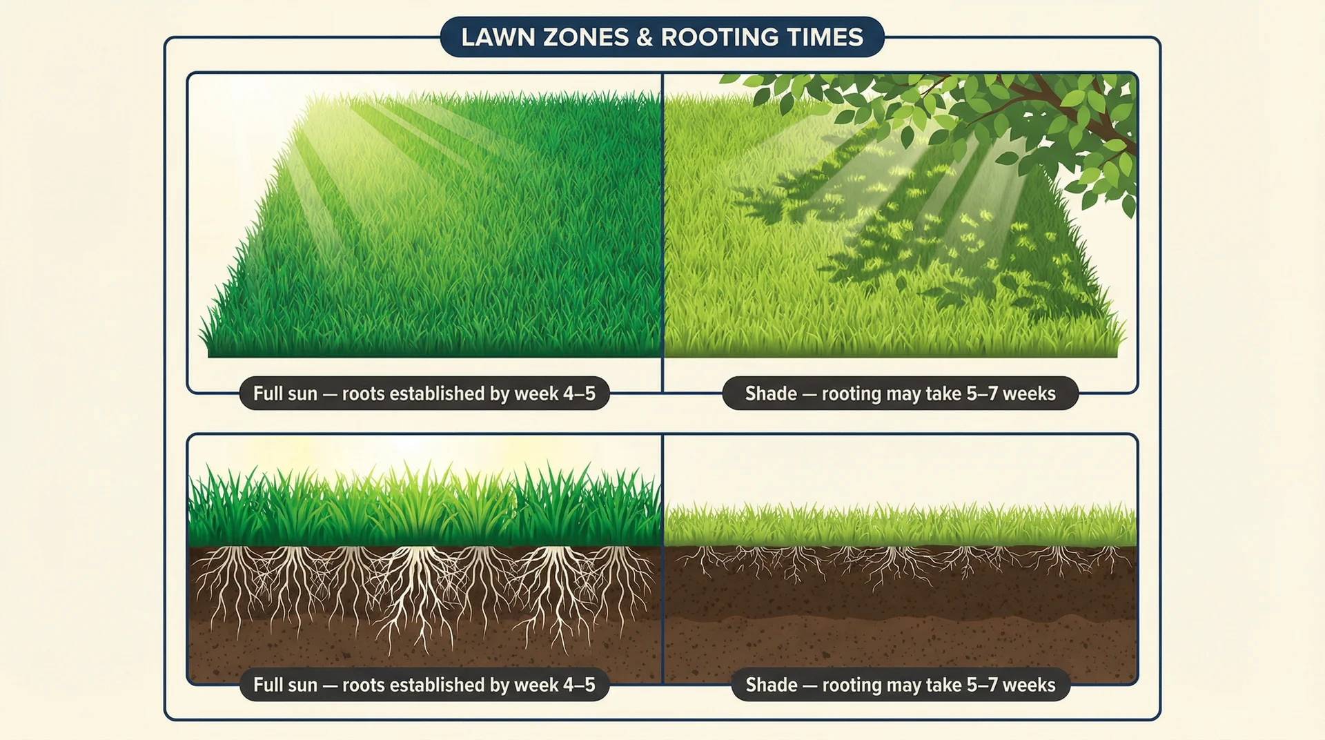 Illustration comparing sod rooting speed in full sun vs shaded areas under a tree canopy, with root depth shown.