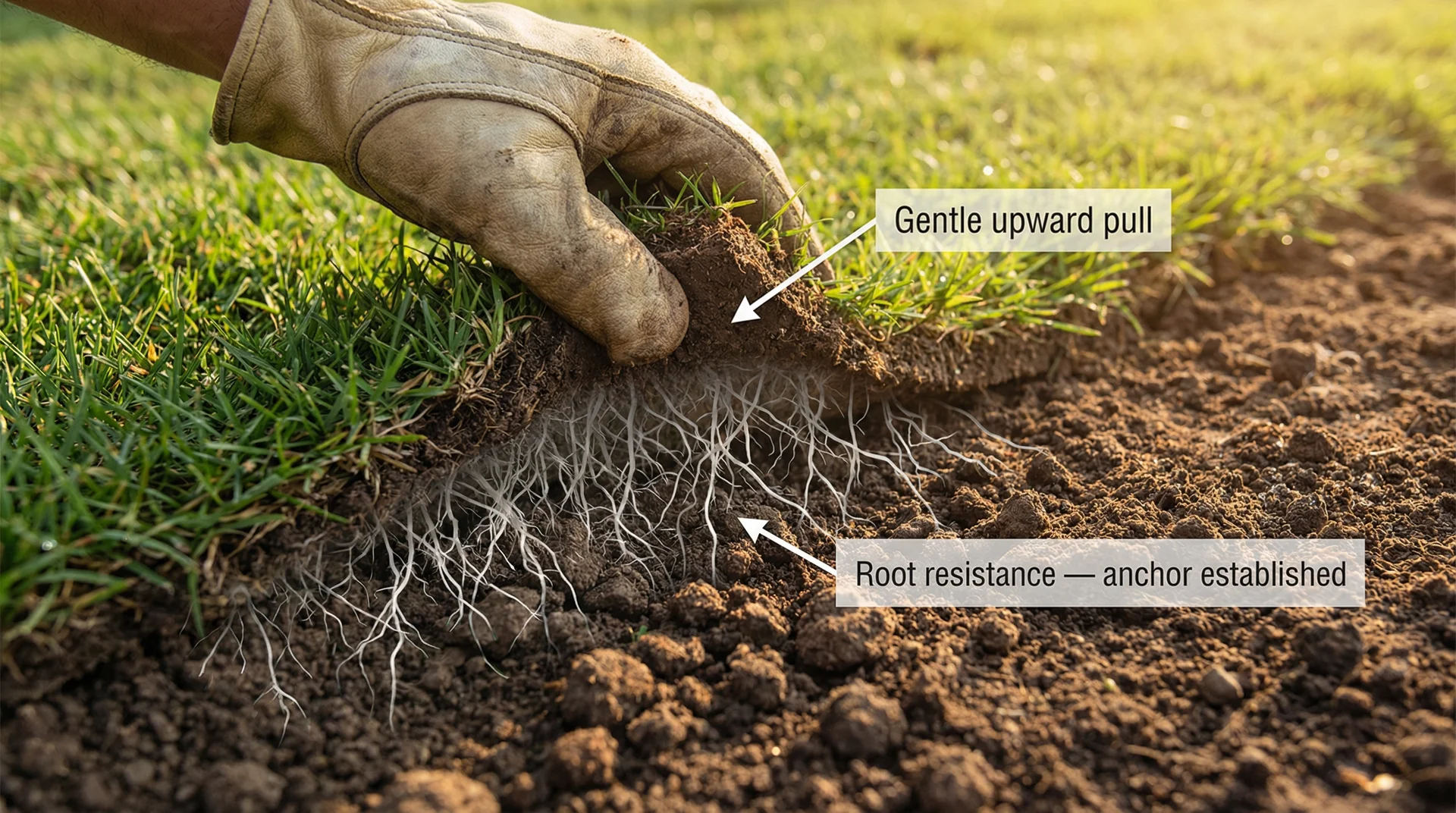 Illustration of the sod tug test showing a hand lifting a sod corner with roots anchored into native soil below.
