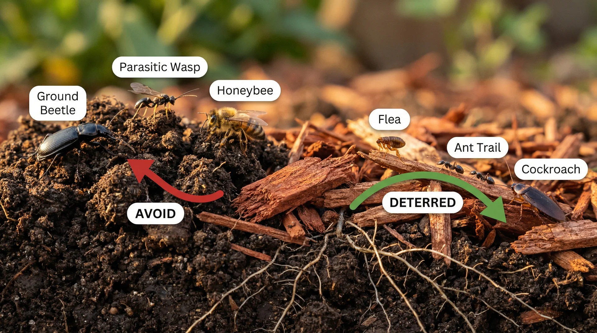 Illustration showing cedar mulch repelling pest insects like fleas and ants while also deterring beneficial ground beetles and bees

