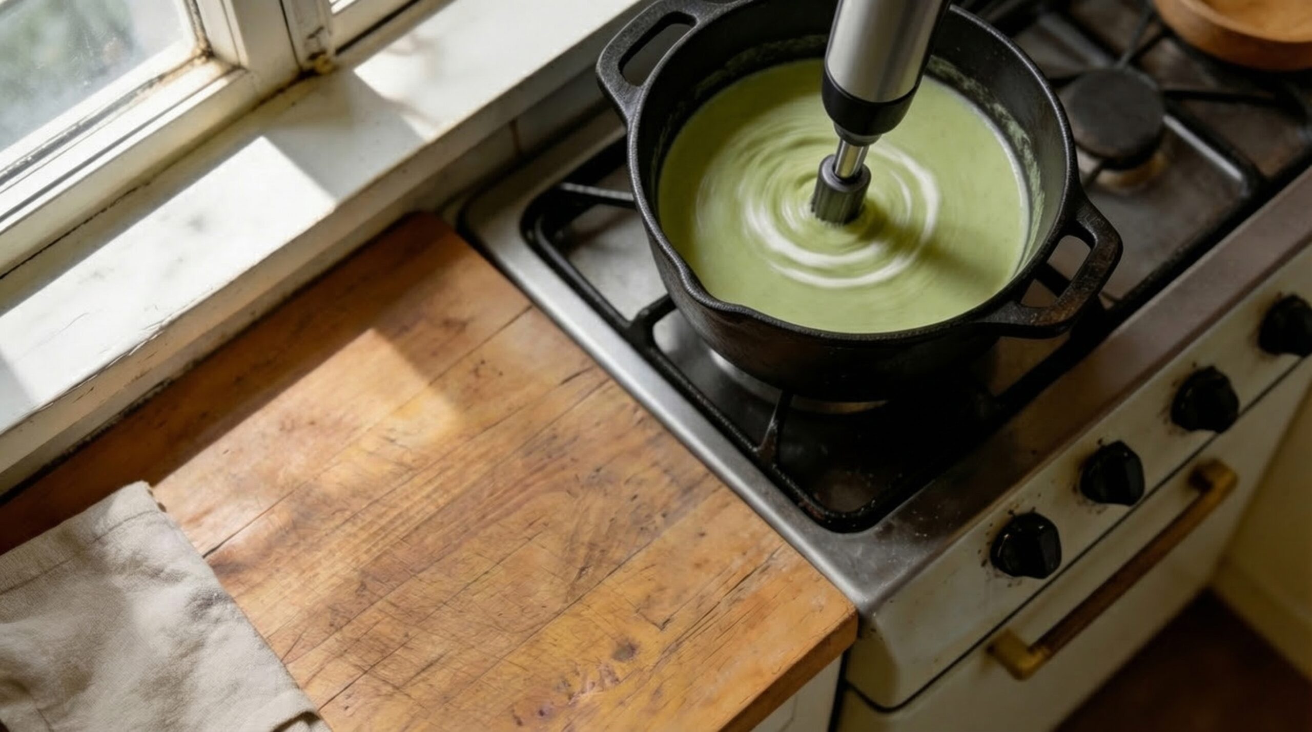 Immersion blender pureeing cooked celery soup until smooth and creamy