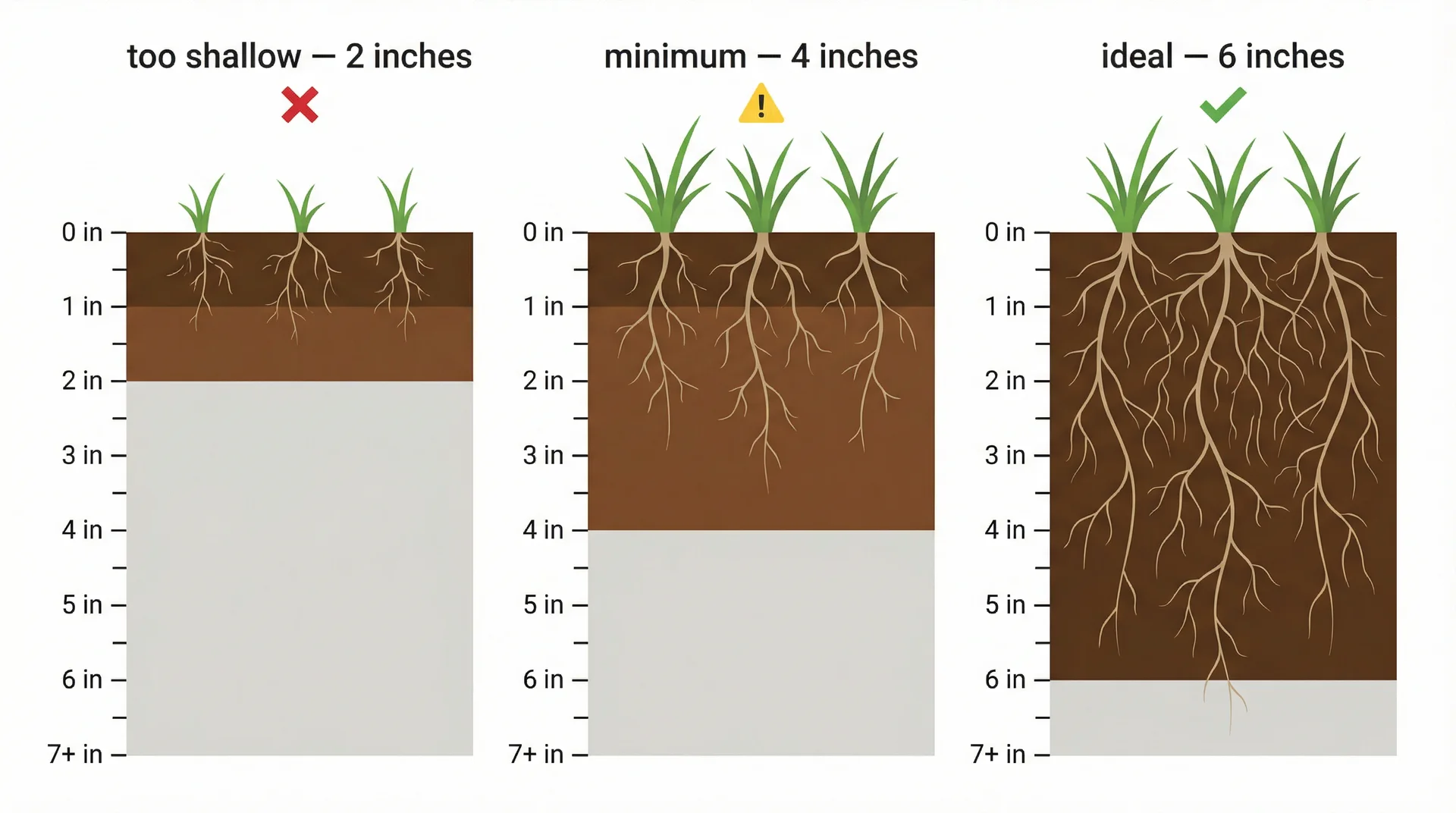 Infographic comparing three lawn topsoil depths — 2 inches (too shallow), 4 inches (minimum), and 6 inches (ideal) — with root depth shown in each.
