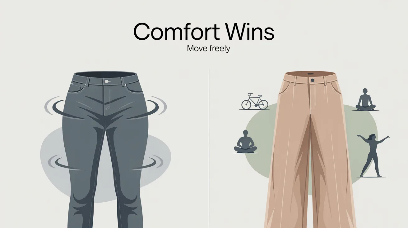 Infographic comparing tight skinny jeans with relaxed wide-leg pants, highlighting freedom of movement and comfort as Gen Z’s priority