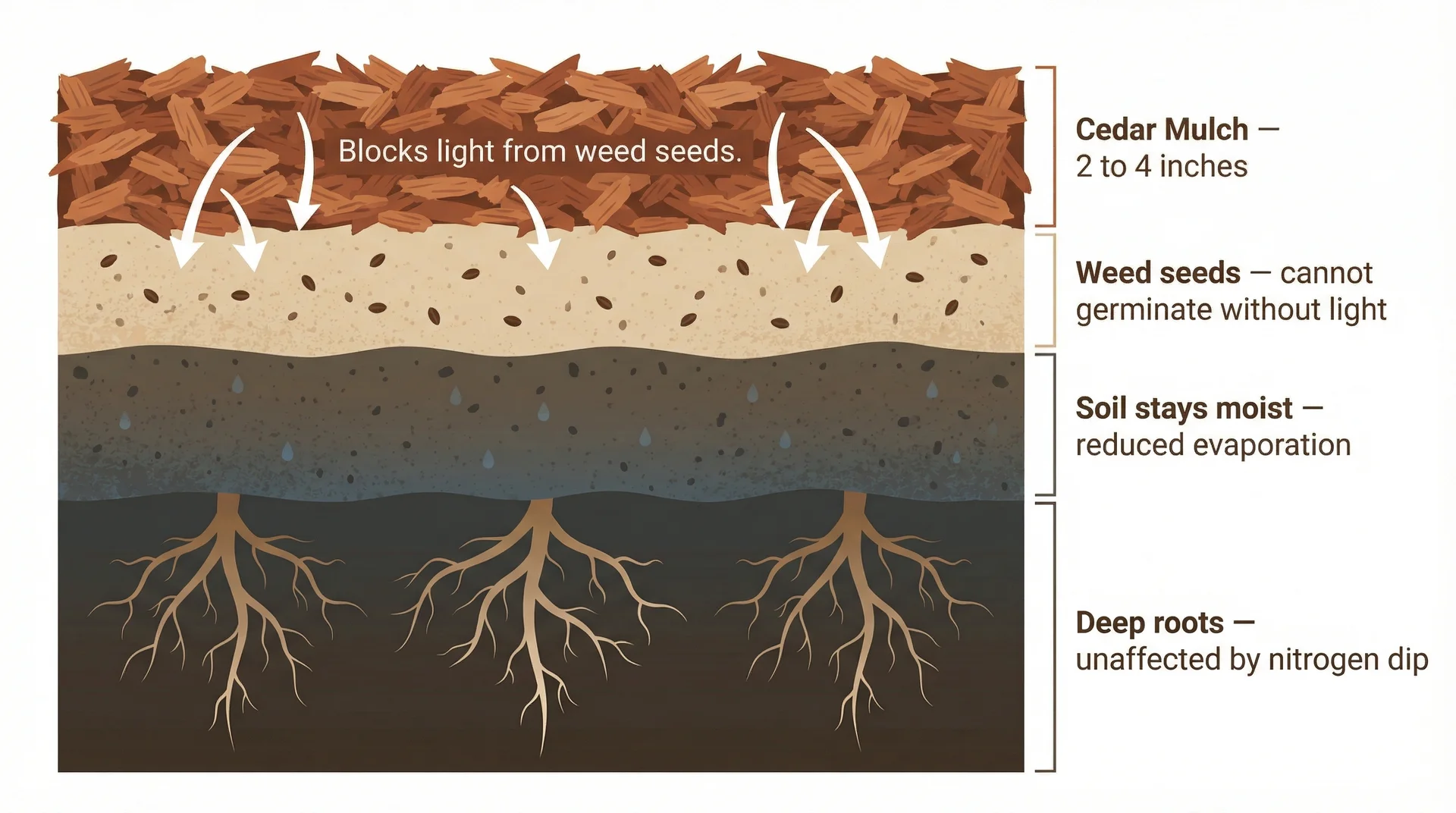 Infographic cross-section of a garden bed showing how cedar mulch suppresses weeds and retains soil moisture in layers
