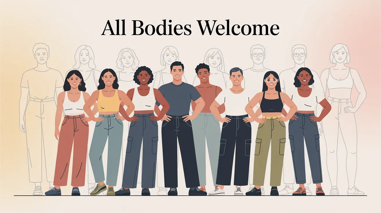Infographic featuring diverse body types confidently wearing relaxed-fit pants, symbolizing inclusivity and the body positivity movement