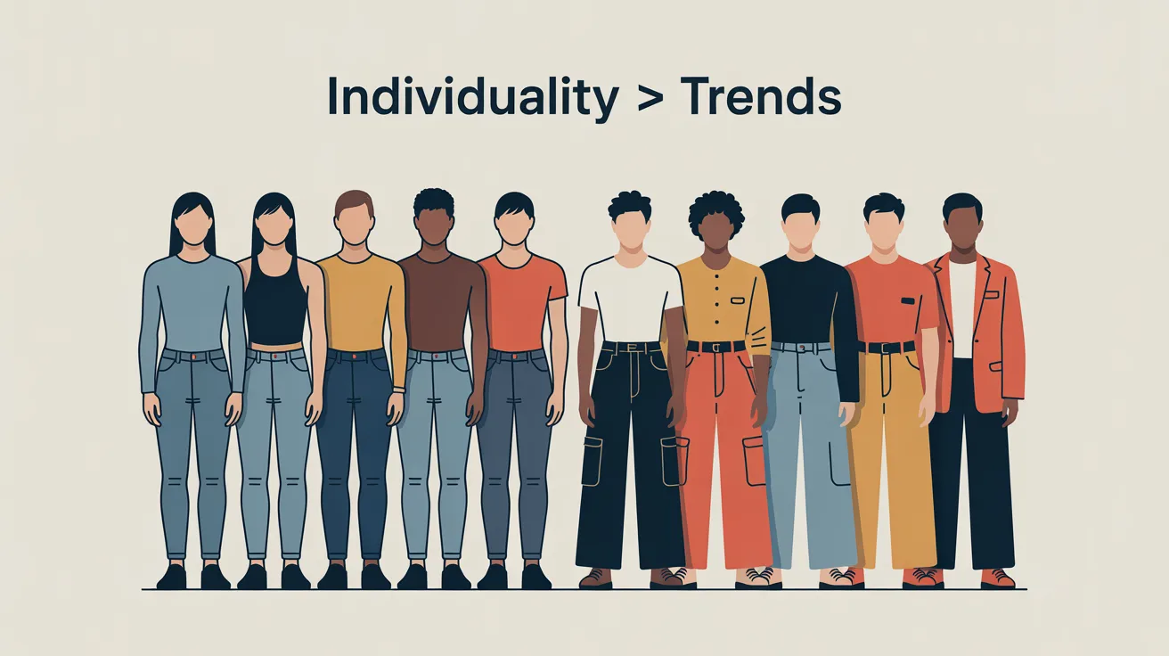 Infographic showing identical figures in skinny jeans contrasted with diverse individuals wearing varied pant styles to represent individuality over trends