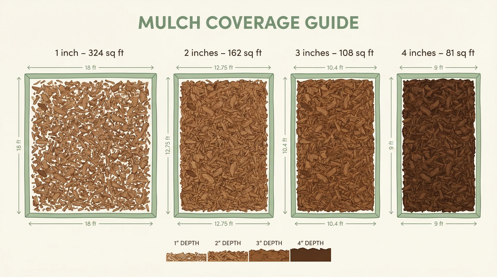 Infographic showing mulch coverage shrinking from 324 sq ft at 1 inch to 81 sq ft at 4 inches deep 