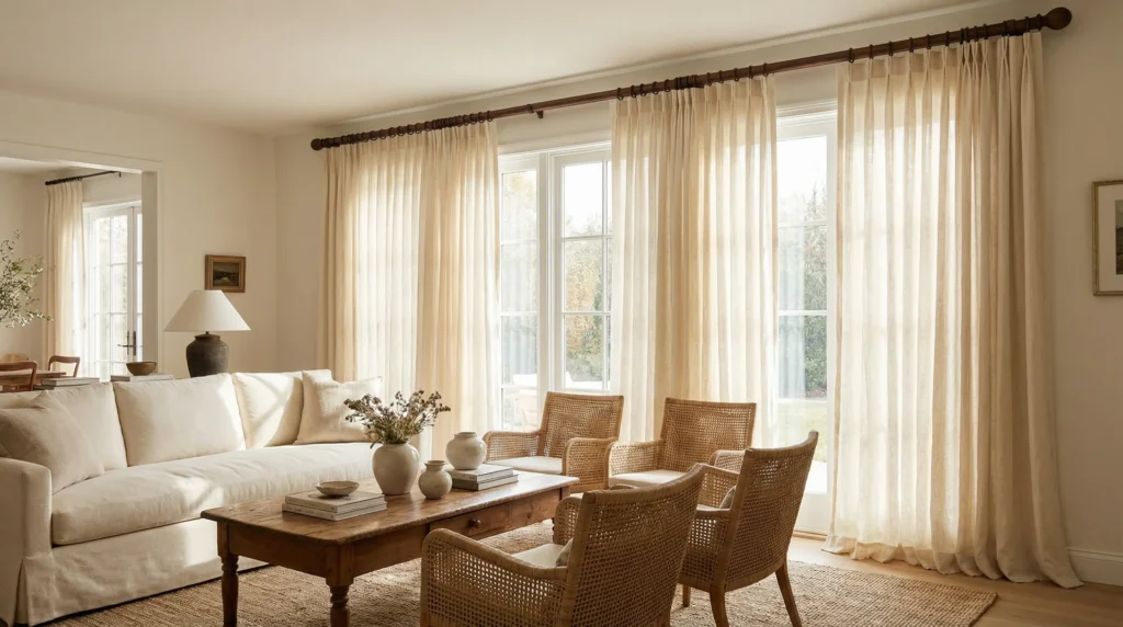 Ivory linen curtains with generous fullness hanging on a rod extended beyond window frame in a bright living room
