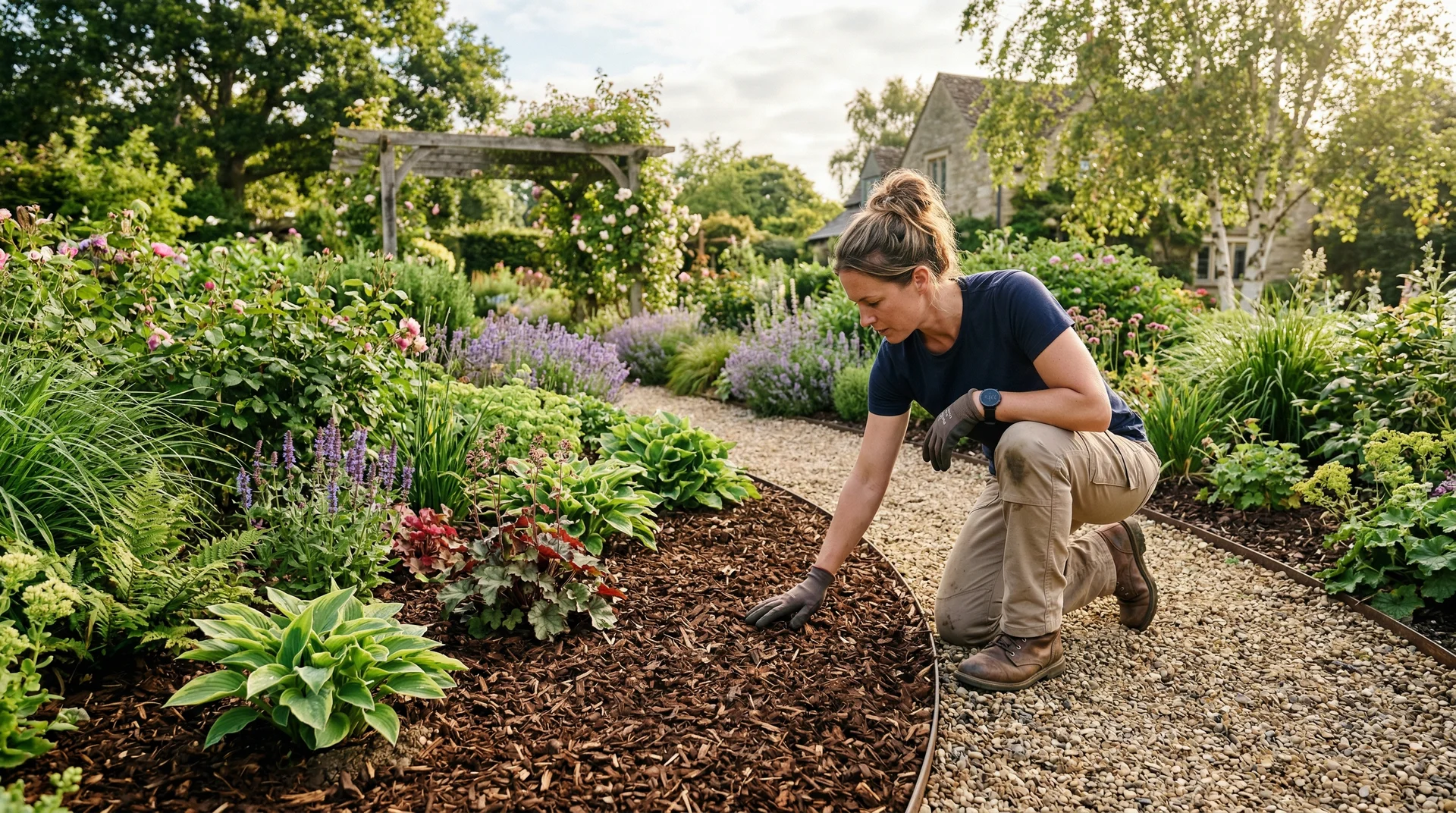 Landscape designer inspecting a freshly mulched garden bed in warm morning sunlight