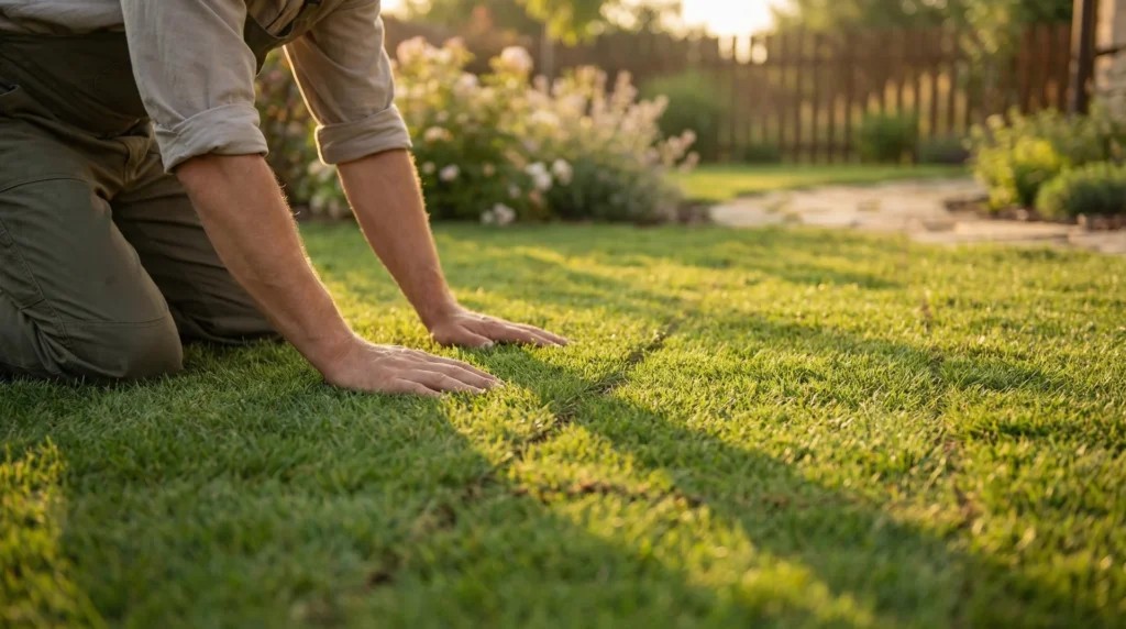 Landscaper pressing hands onto freshly laid sod in a sunlit backyard checking root establishment after installation.