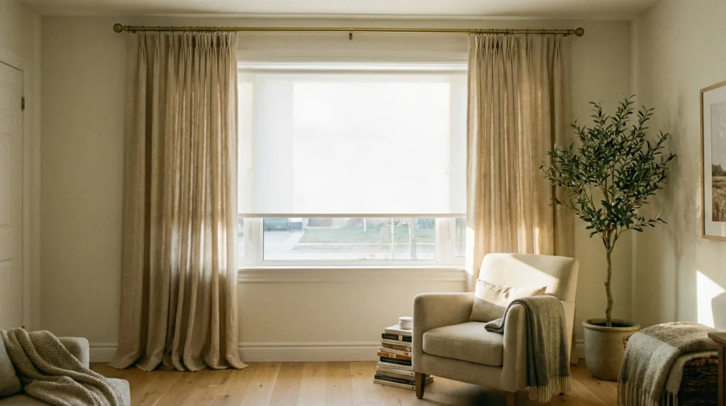 Layered curtains over roller blinds in a warm living room with natural light filtering through linen panels