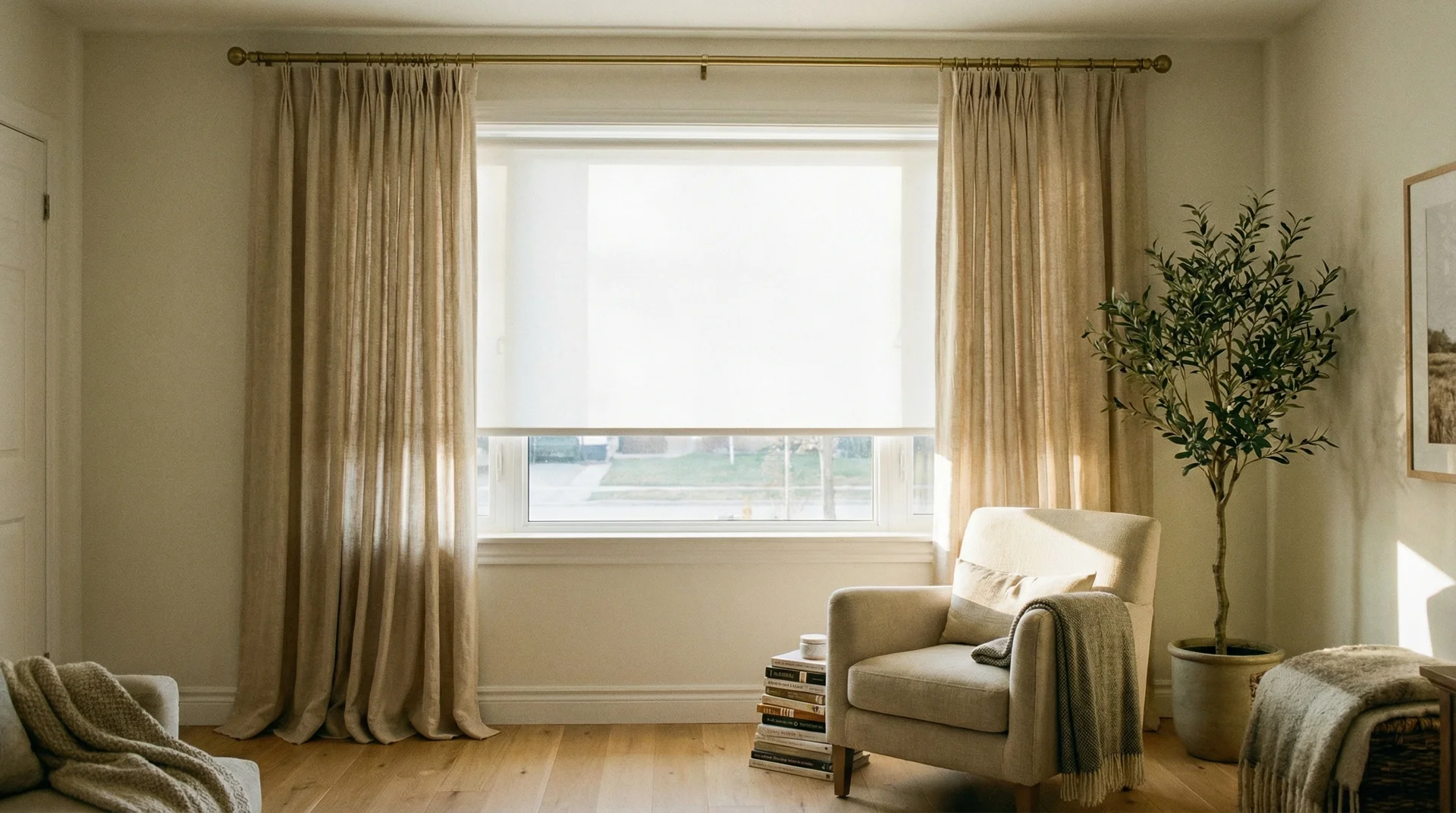 Layered curtains over roller blinds in a warm living room with natural light filtering through linen panels