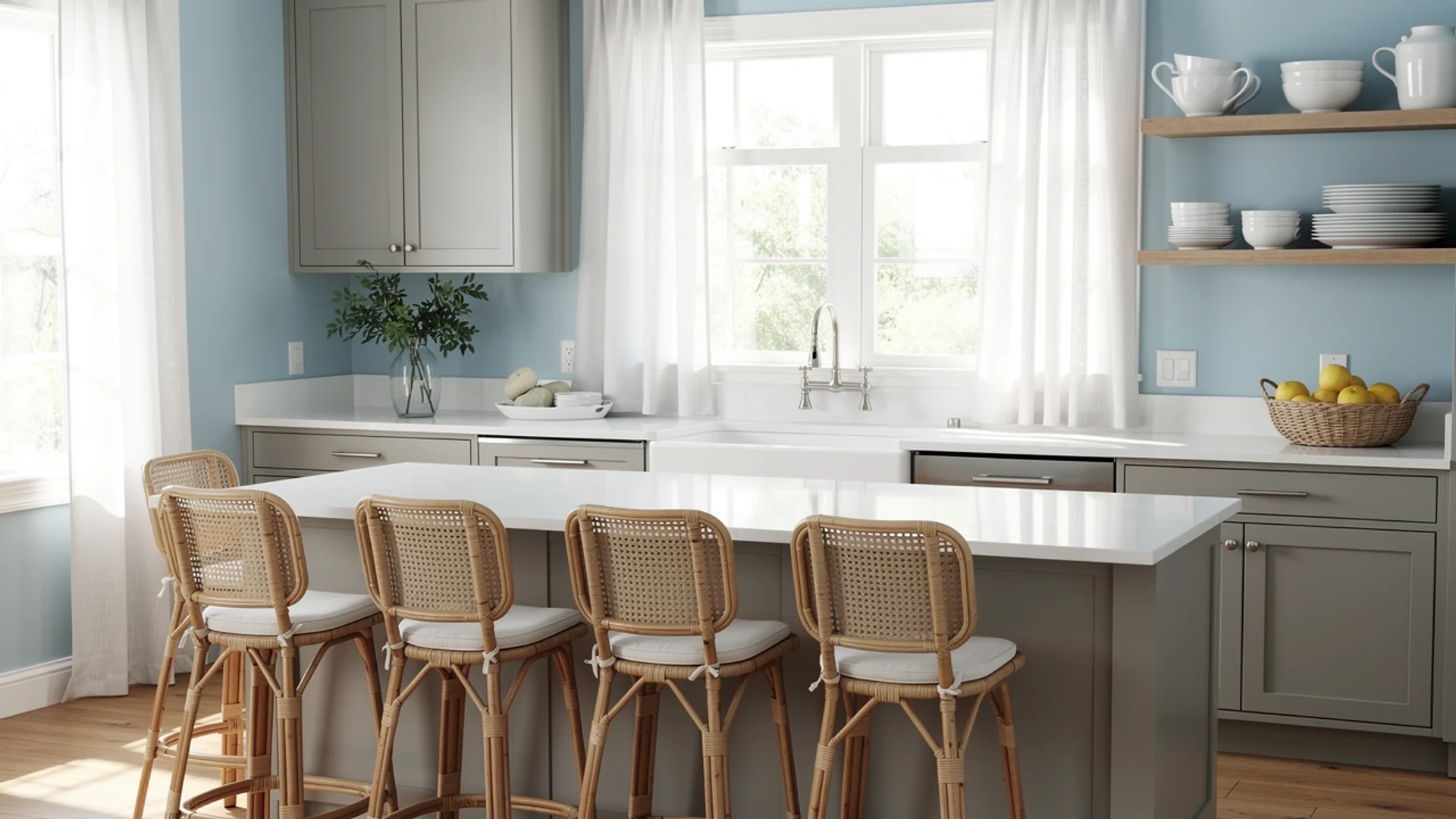 Light grey coastal kitchen with powder blue walls, white countertops and natural rattan bar stools