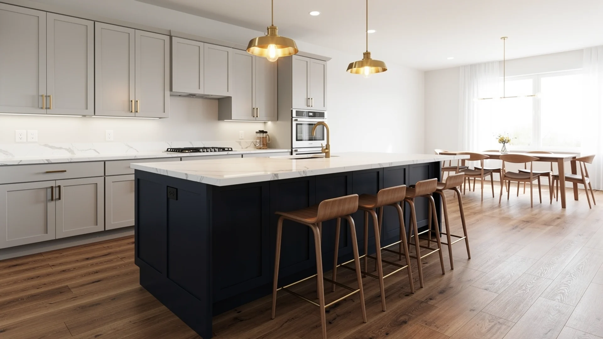 Light grey kitchen with bold navy blue island base, white quartz countertop and brass pendant lighting