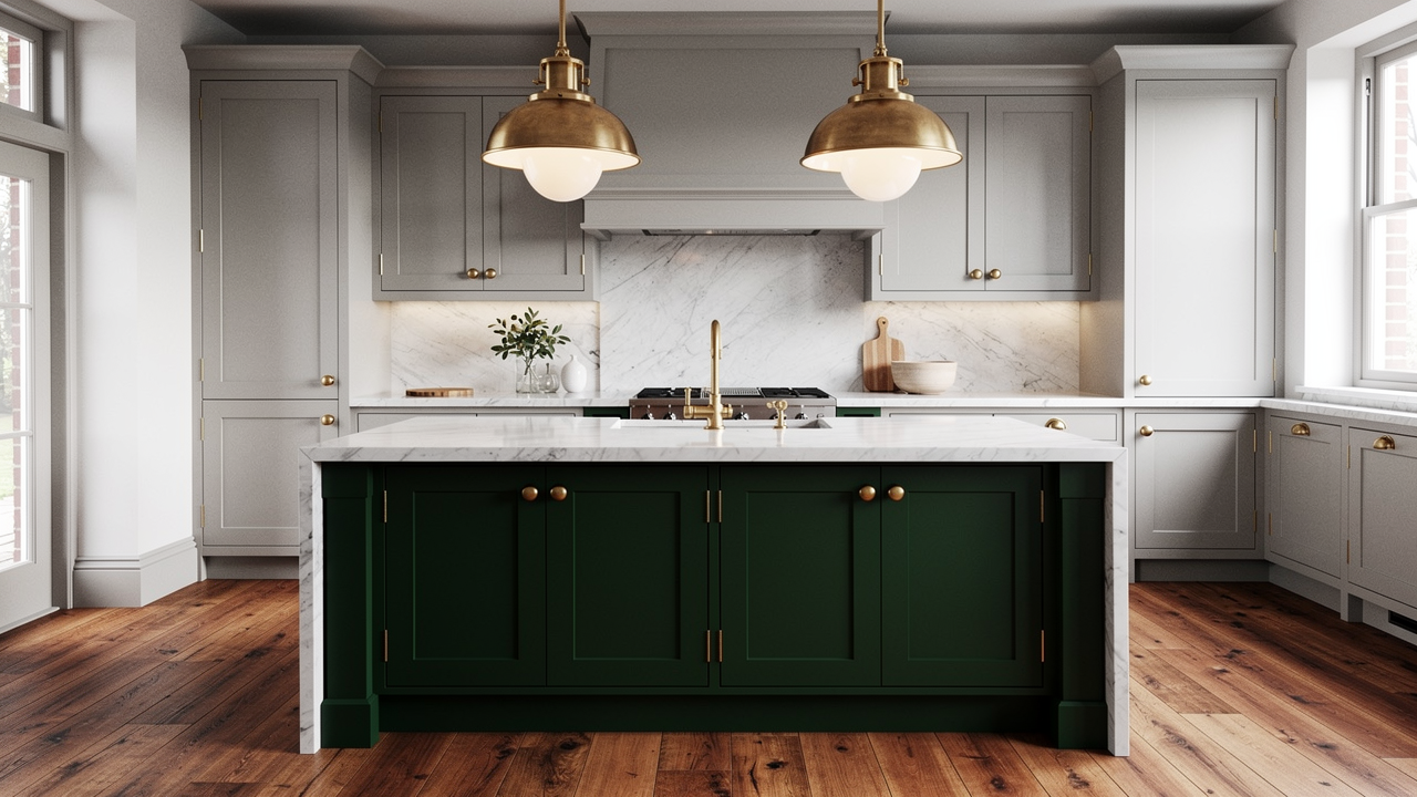 Light grey kitchen with deep forest green island, unlacquered brass hardware and white marble countertops