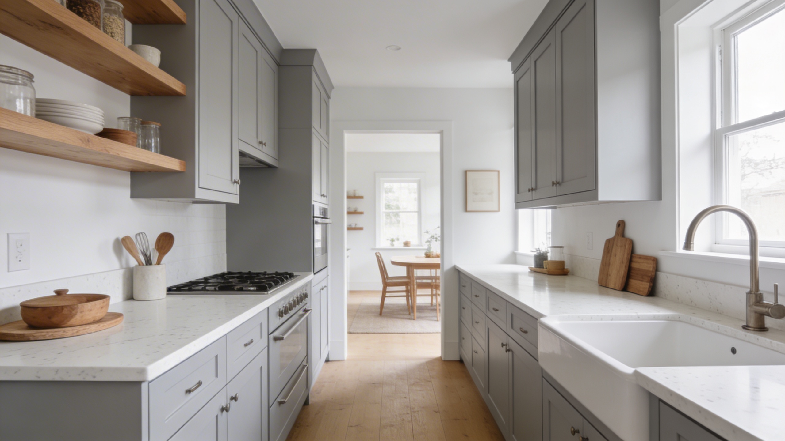 Light grey shaker kitchen with crisp white walls, white quartz countertops and natural wood open shelving