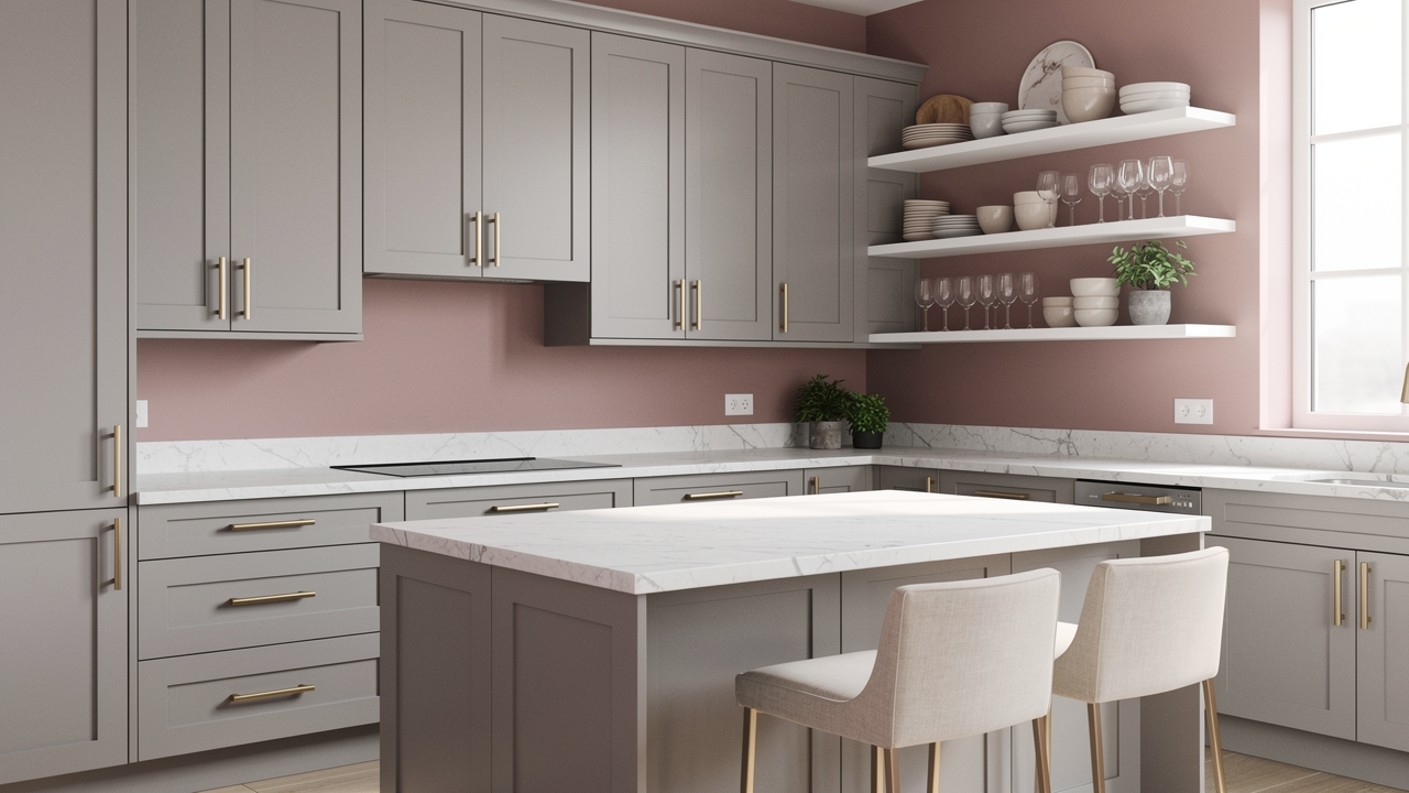 Light grey shaker kitchen with dusty rose walls, white marble countertops and brushed gold hardware