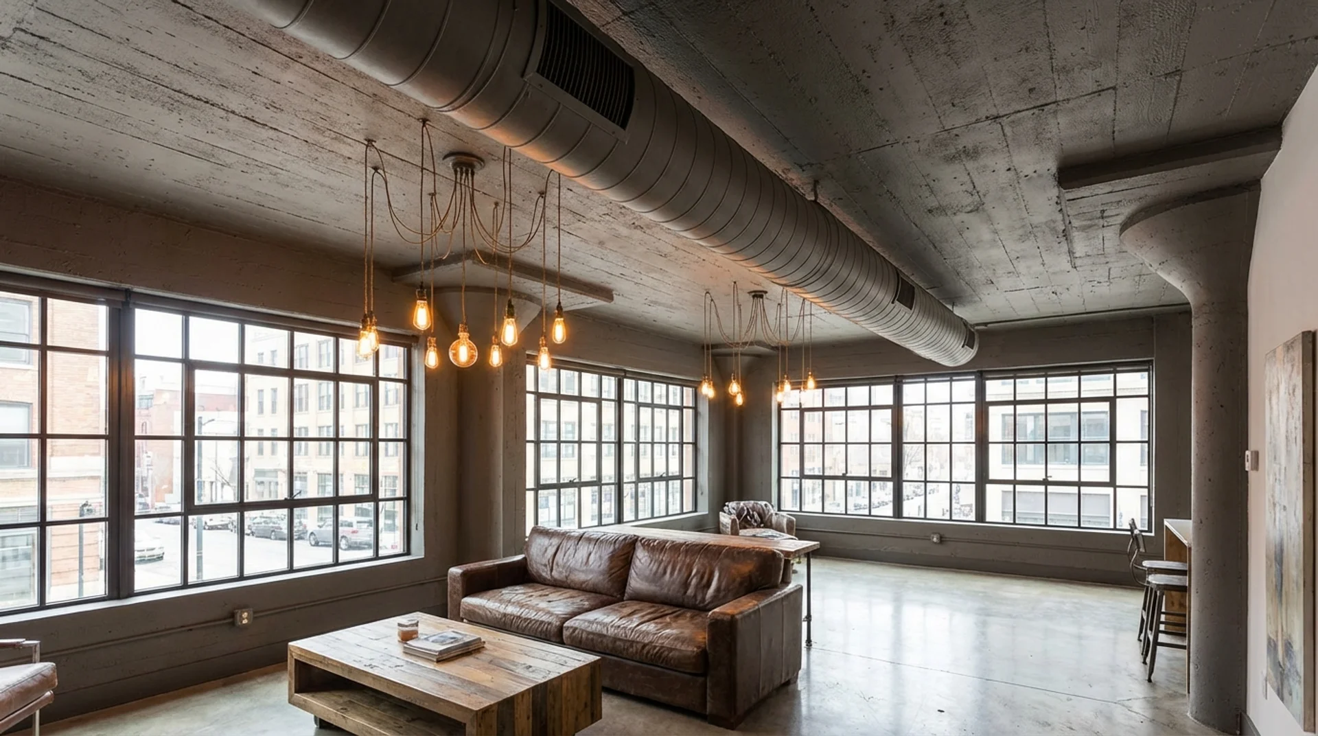 Loft apartment with ventilation duct camouflaged by painting it the same charcoal as the ceiling and upper walls