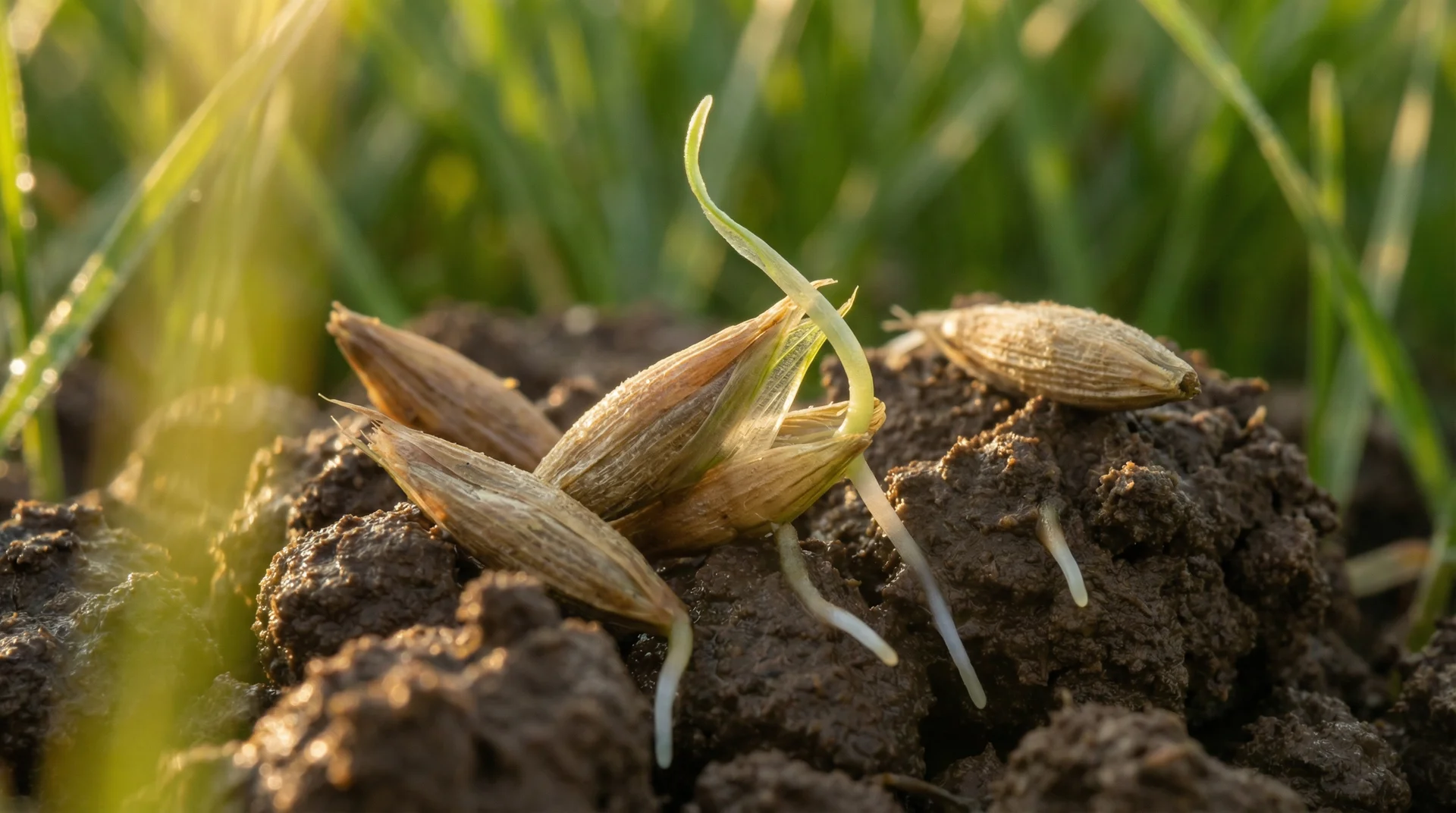 Macro photo of grass seeds germinating on soil surface with emerging roots and shoots in warm morning light