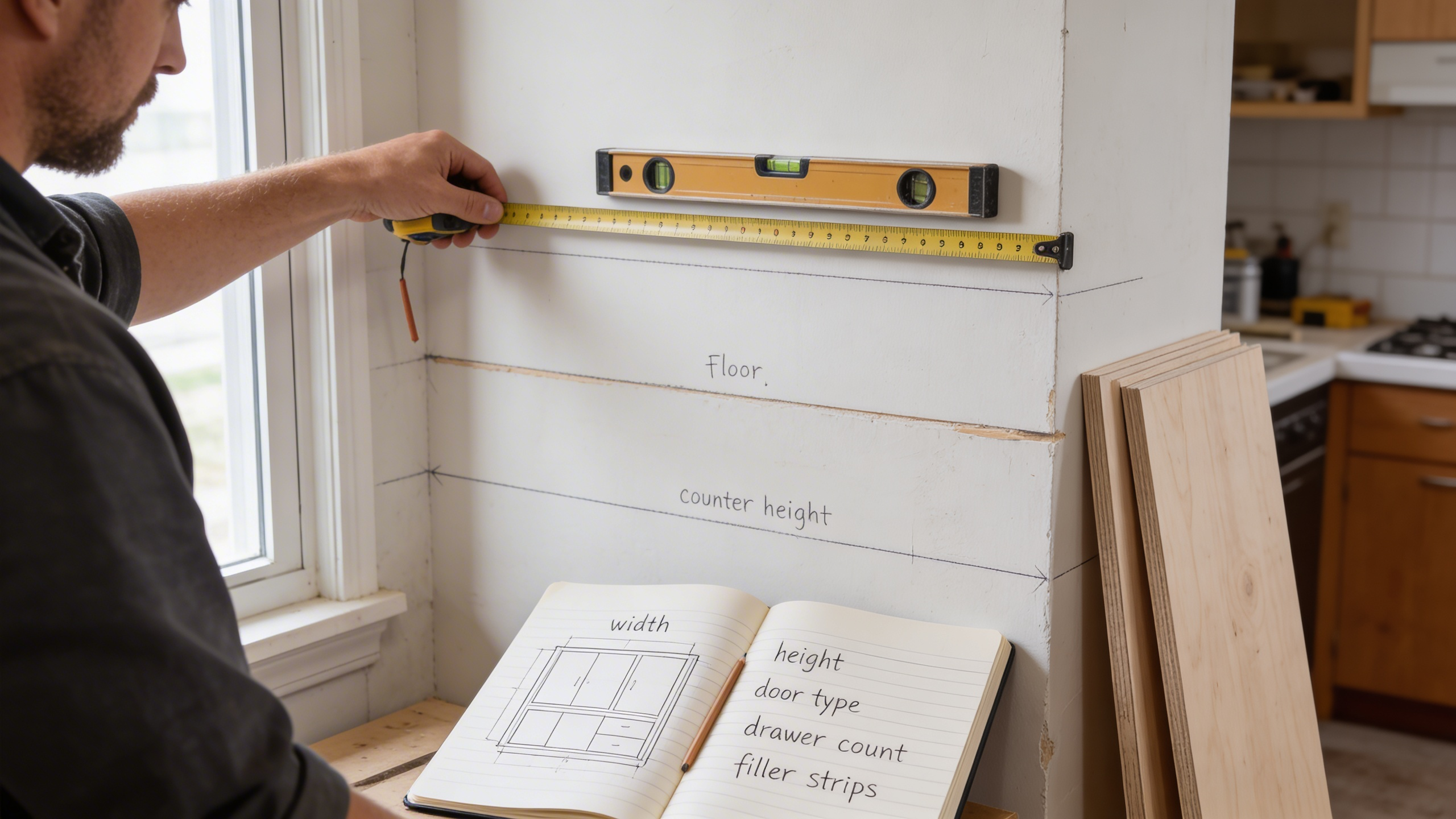 Measuring cabinet space at multiple heights and planning layout with labeled dimensions