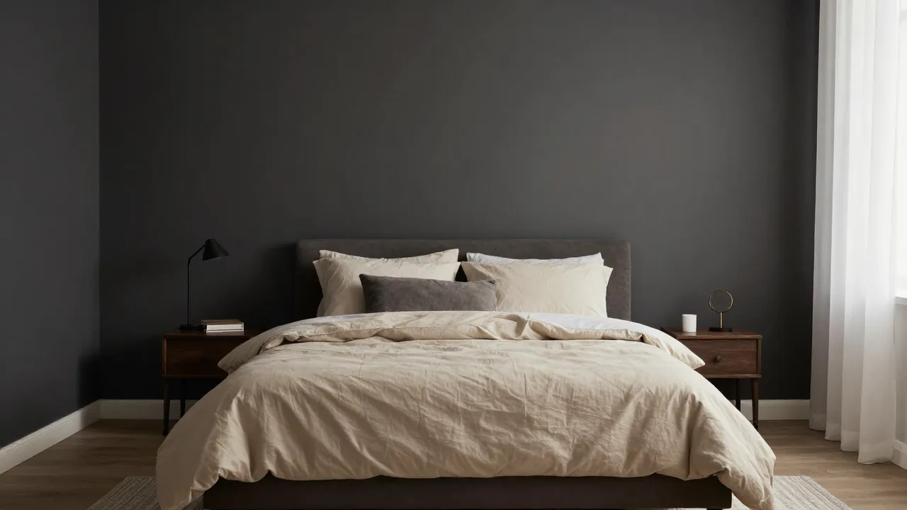 Men's bedroom with charcoal accent wall and warm neutral bedding showing how masculine color palettes work on a budget