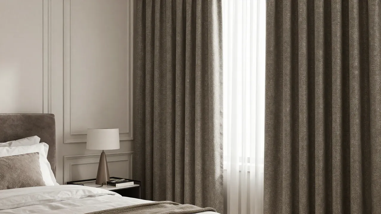 Men's bedroom with wall panelling, linen drapes, and layered textures that look expensive on a small budget
