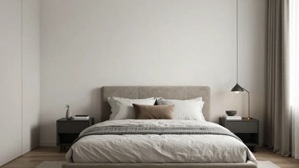 Modern men's bedroom with neutral tones, clean lines, and budget-friendly decor that feels personal and complete