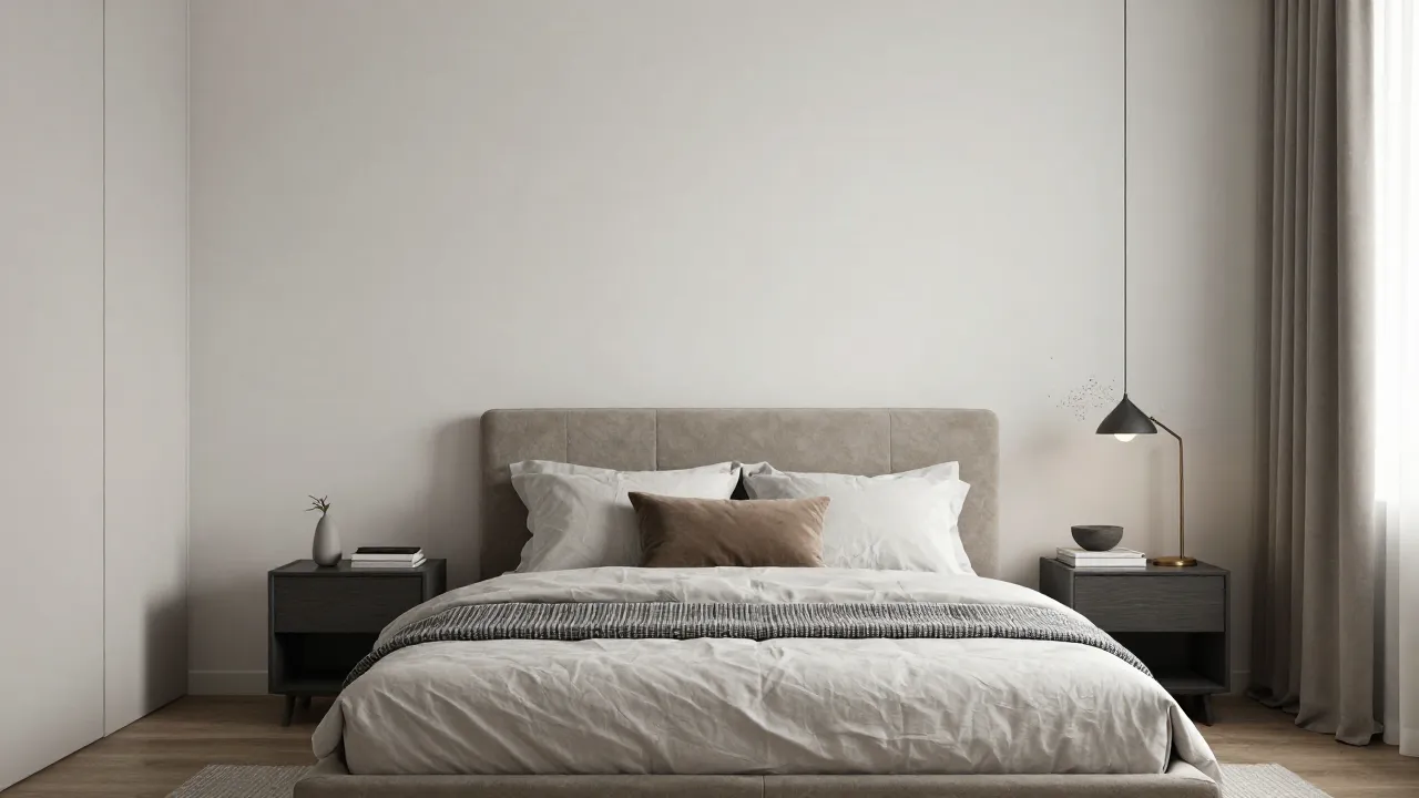 Modern men's bedroom with neutral tones, clean lines, and budget-friendly decor that feels personal and complete