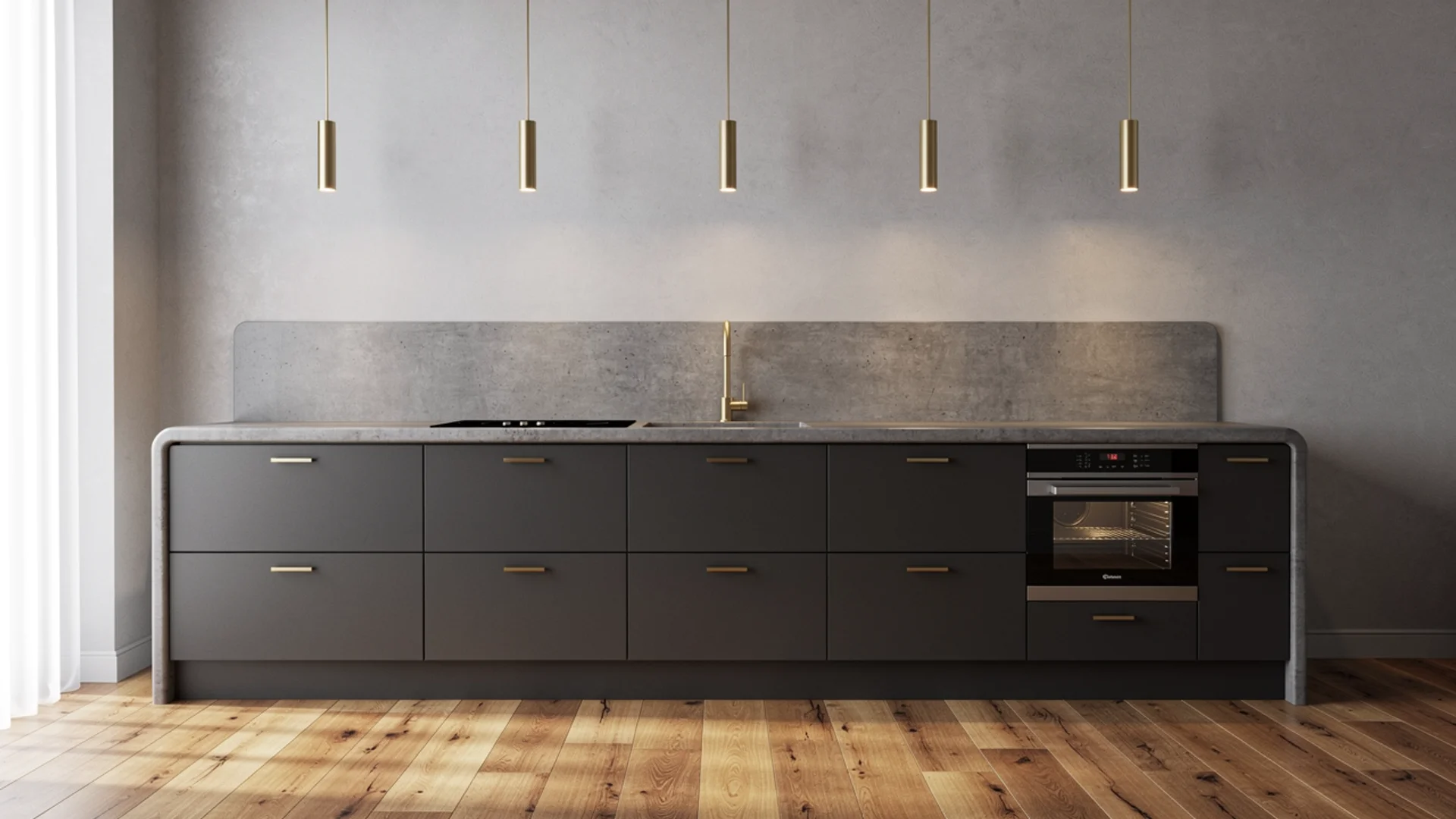 Monochromatic grey kitchen with charcoal lower cabinets, lighter grey walls and warm wood flooring