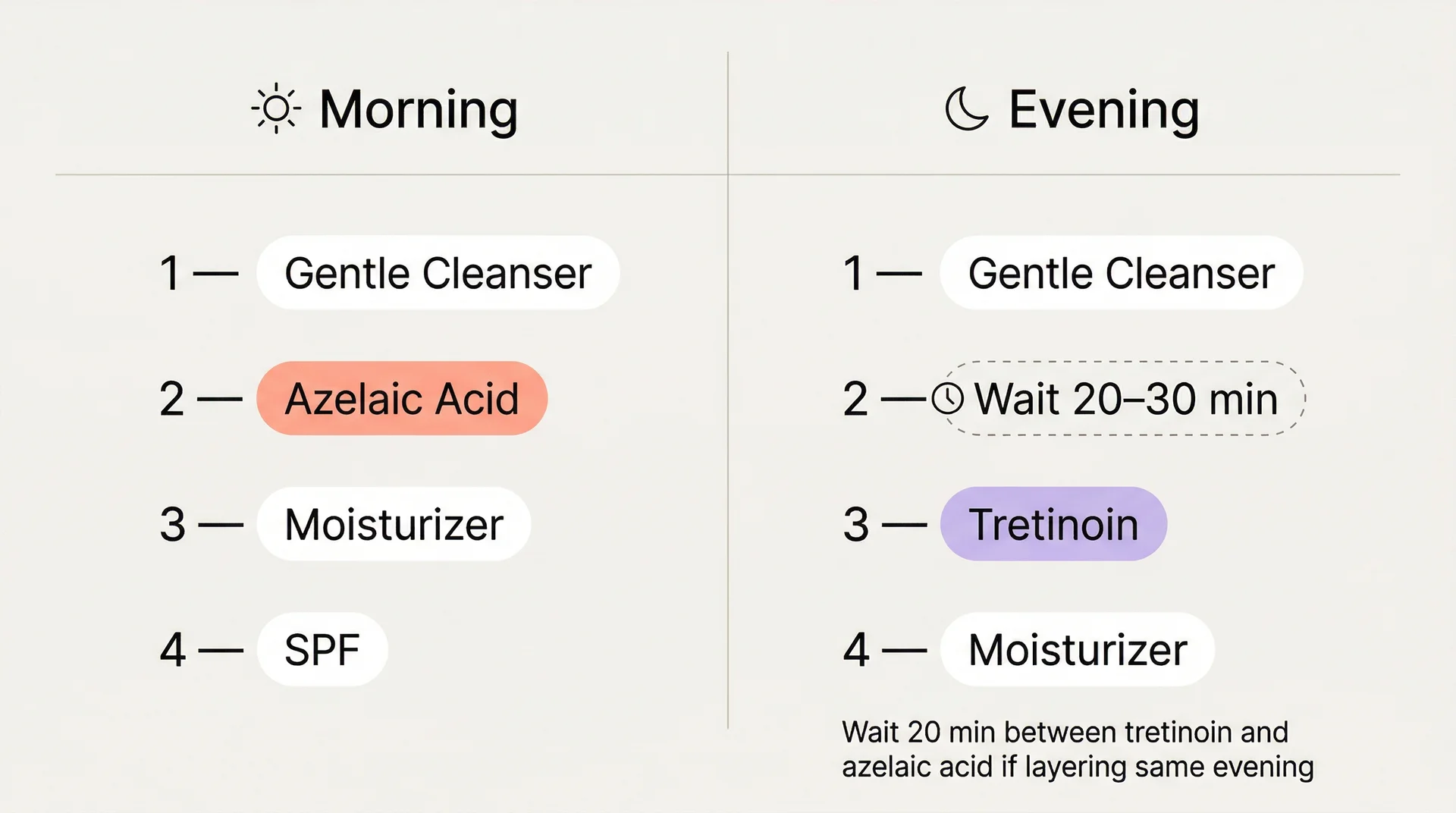 Morning and evening skincare routine diagram showing azelaic acid in the morning and tretinoin at night.