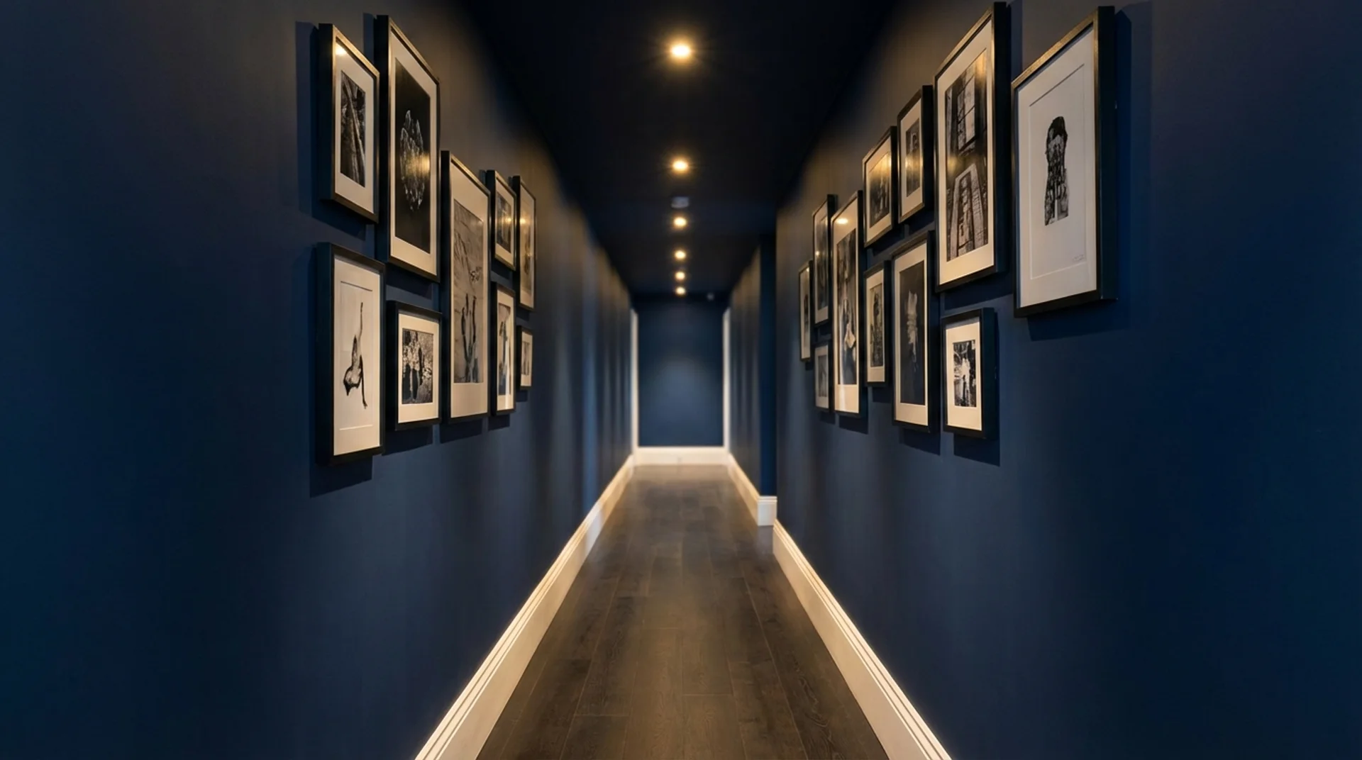 Narrow hallway painted entirely in deep navy on walls and ceiling, creating a dramatic elongated tunnel effect